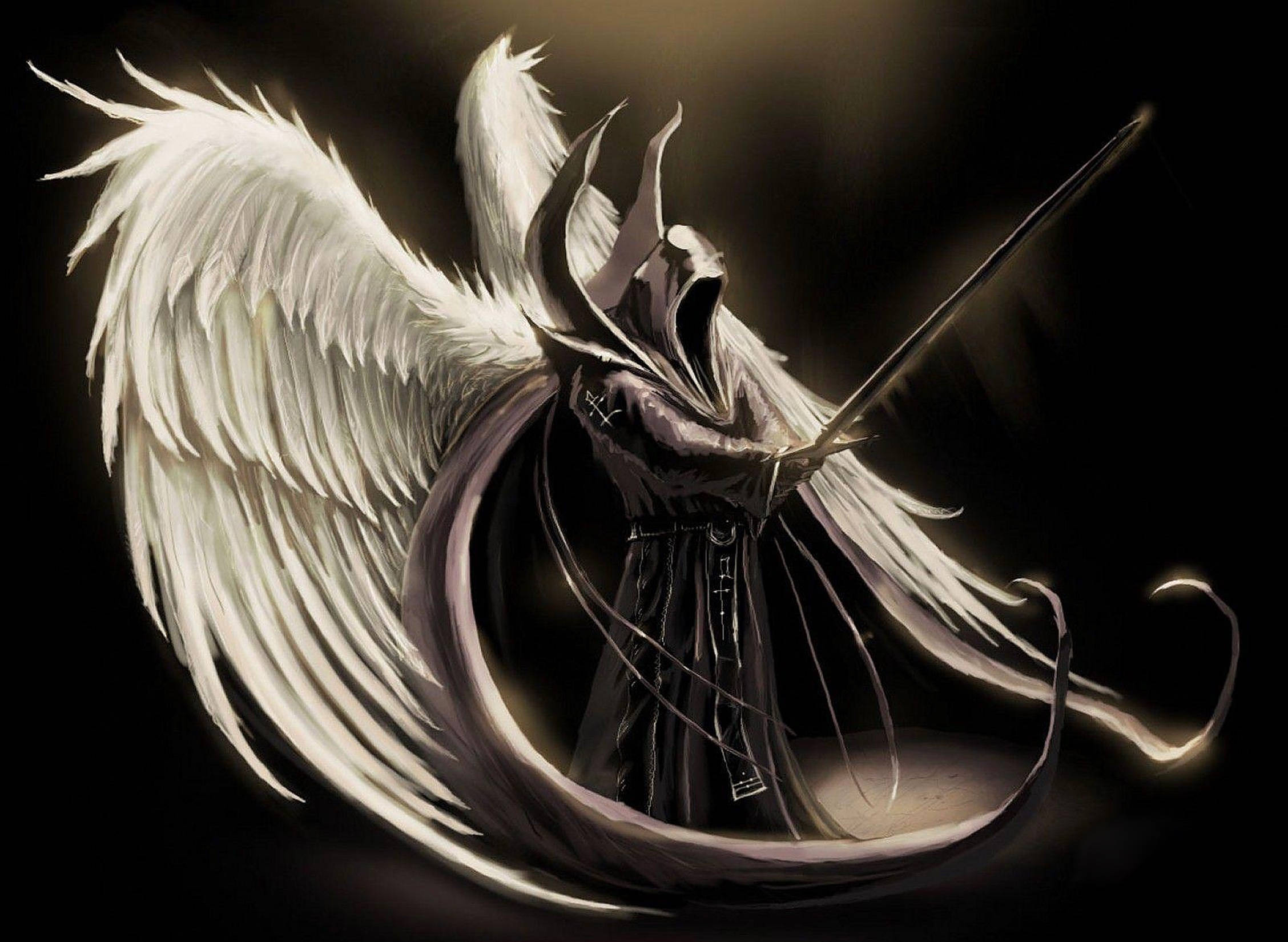 Dark Angel, white wings, curved blade, Full HD Desktop Wallpaper