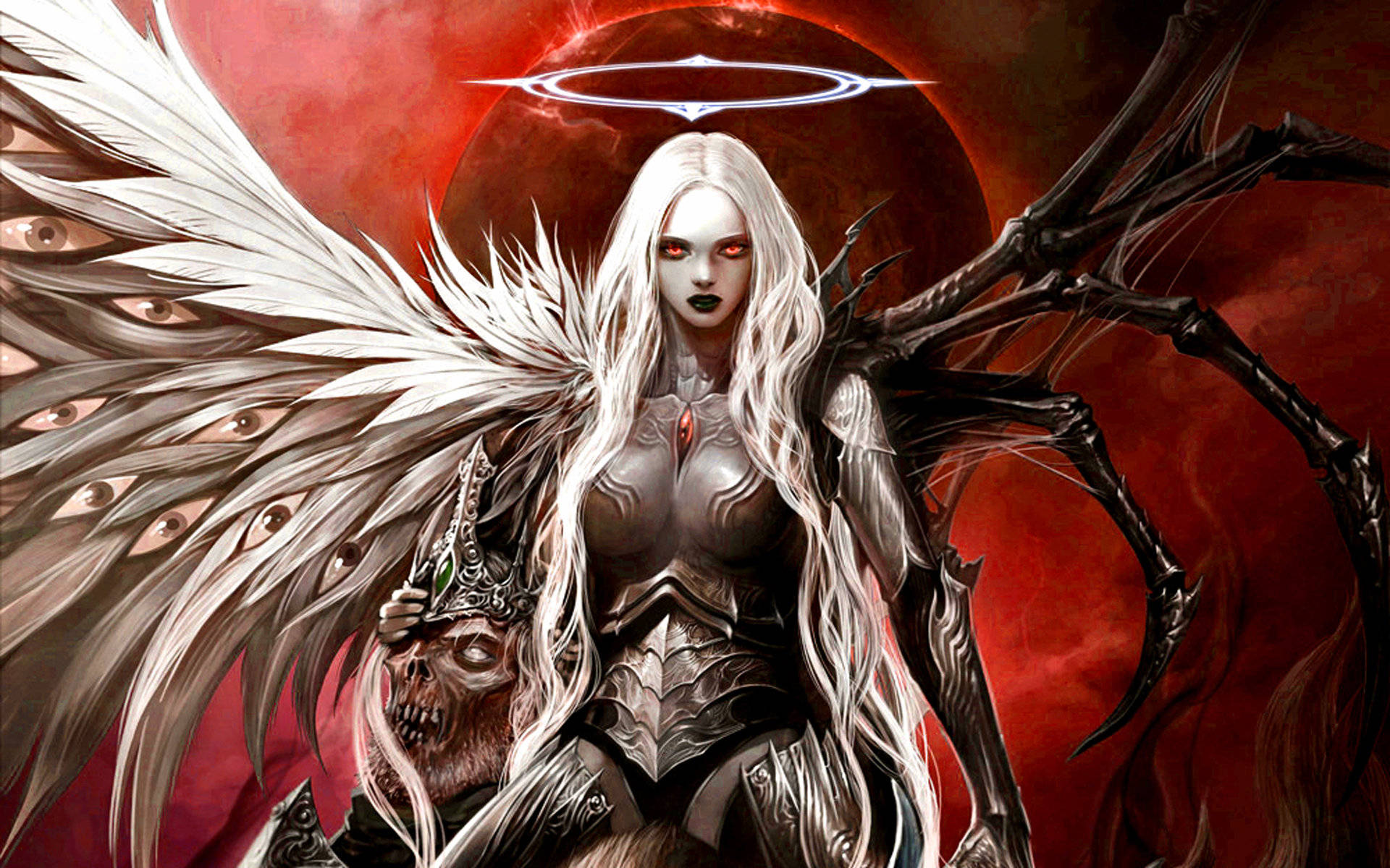 Dark Angel, white feathered wings, eyes, Full HD Desktop Wallpaper