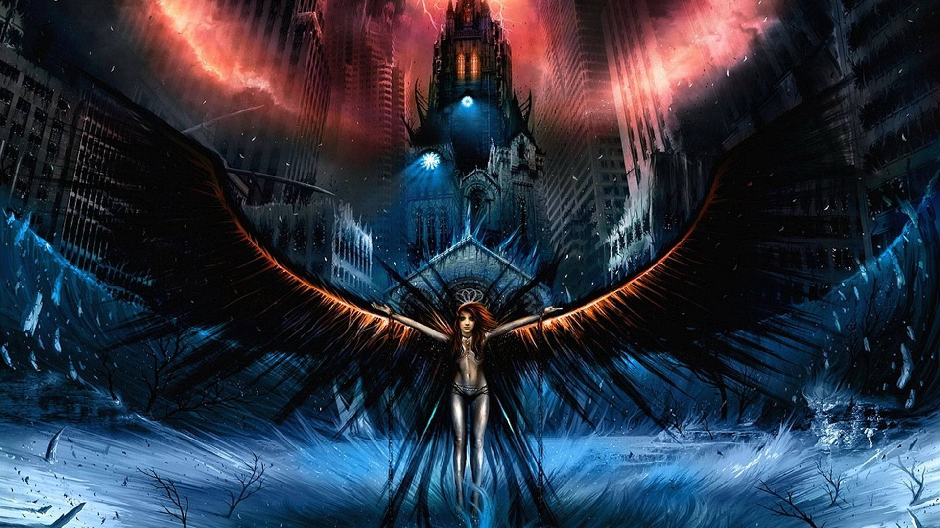 Dark Angel, cityscape, snow-covered, Full HD Desktop Wallpaper