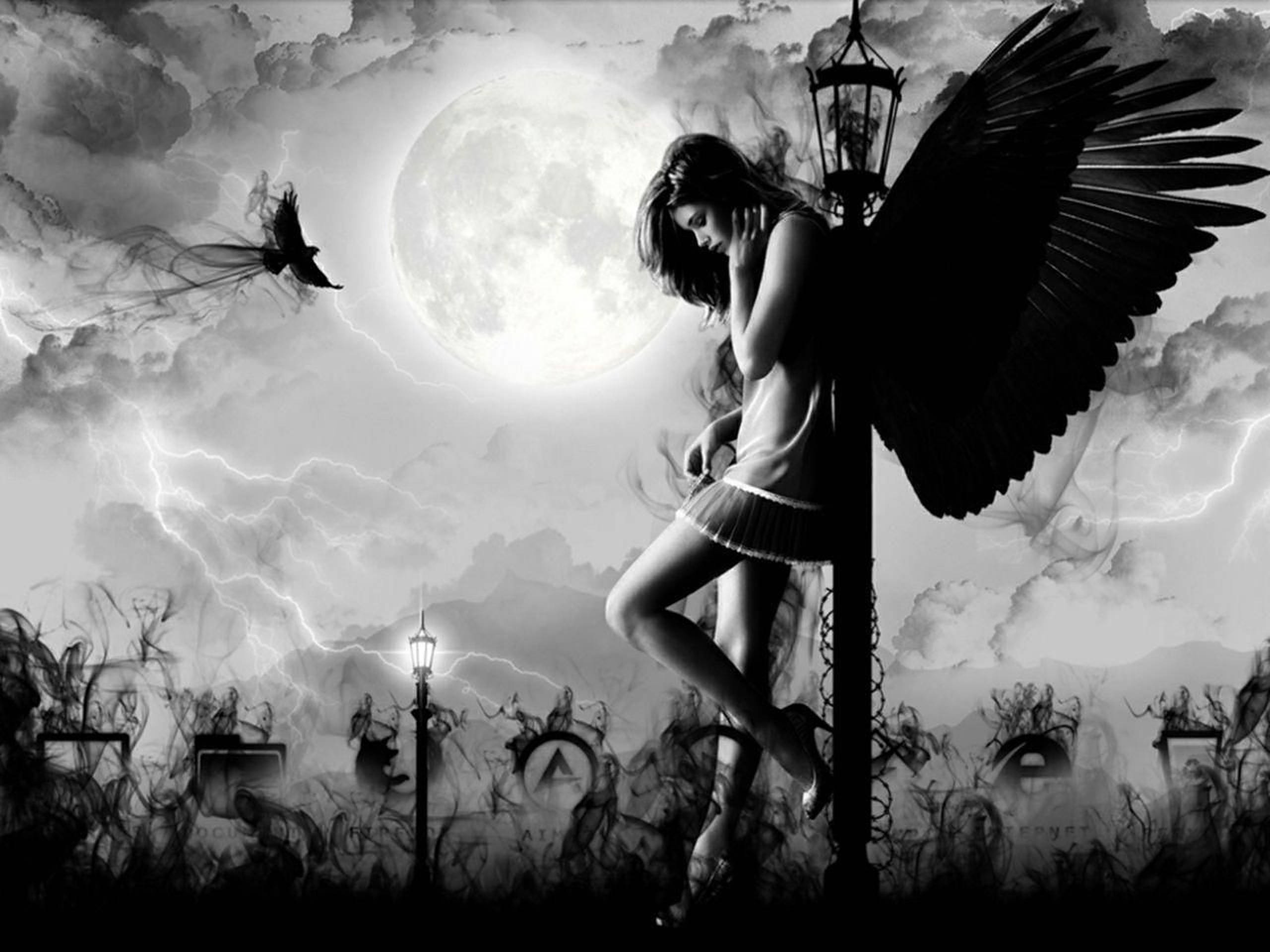 Dark Angel, full moon, stormy sky, 2K Desktop Wallpaper