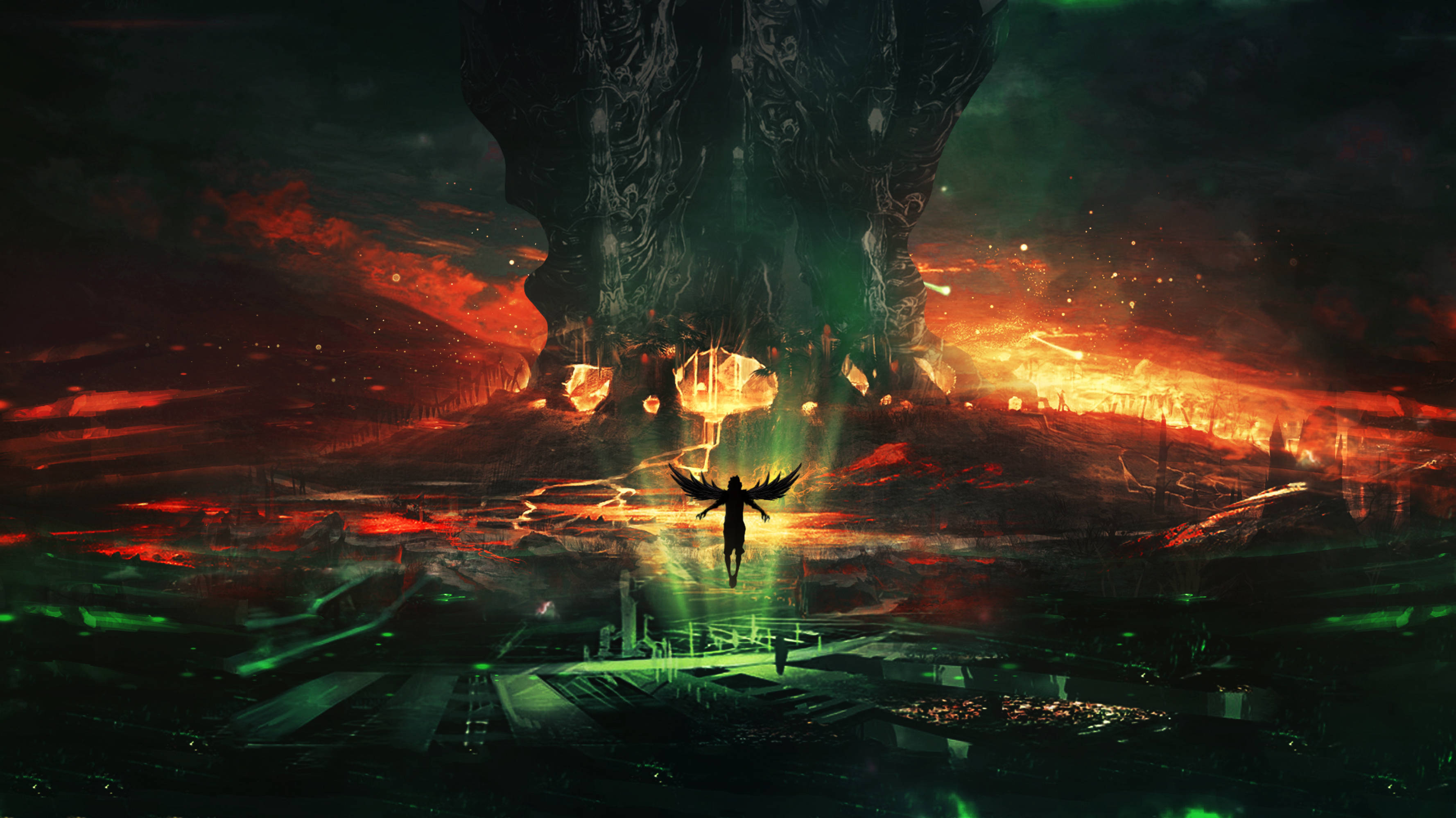 angel of the underworld, winged figure, colossal glowing tree, 2K Desktop Wallpaper