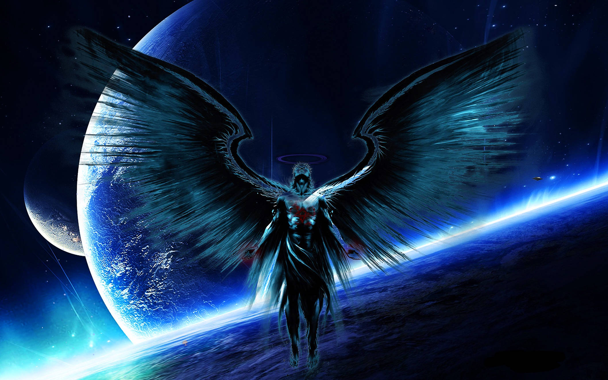 Dark Angel, glowing planet, crescent moon, Full HD Desktop Wallpaper