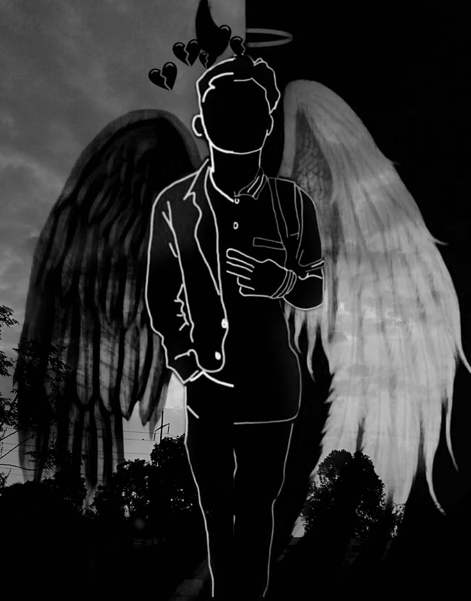 Dark Angel, black and white wings, glowing white, Full HD Phone Wallpaper