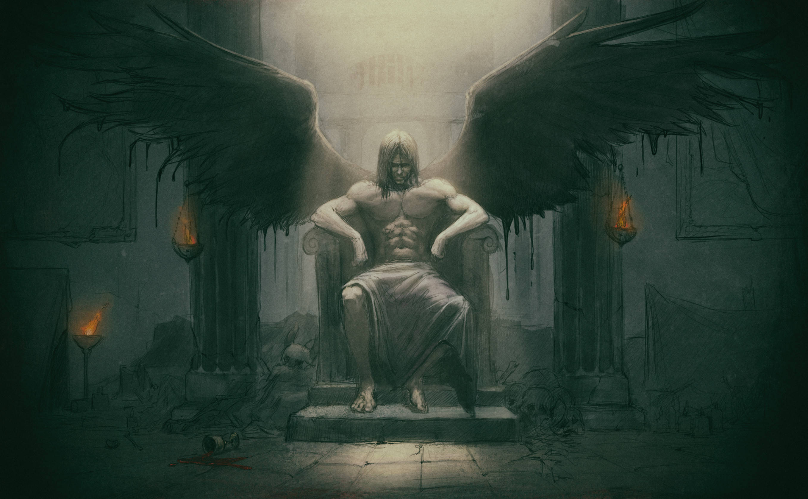 Dark Angel, throned, gloomy cathedral, 2K Desktop Wallpaper