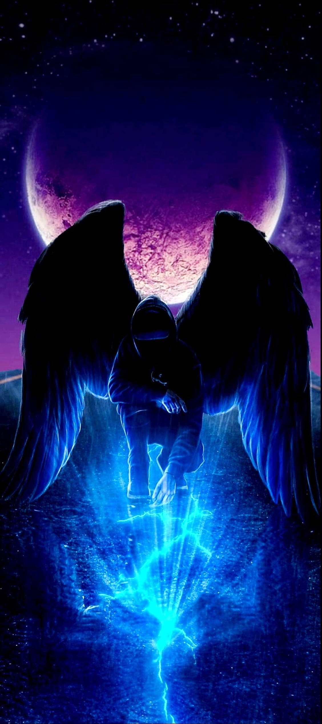 Dark Angel, cyan light, glowing blue lightning bolt, Full HD Phone Wallpaper