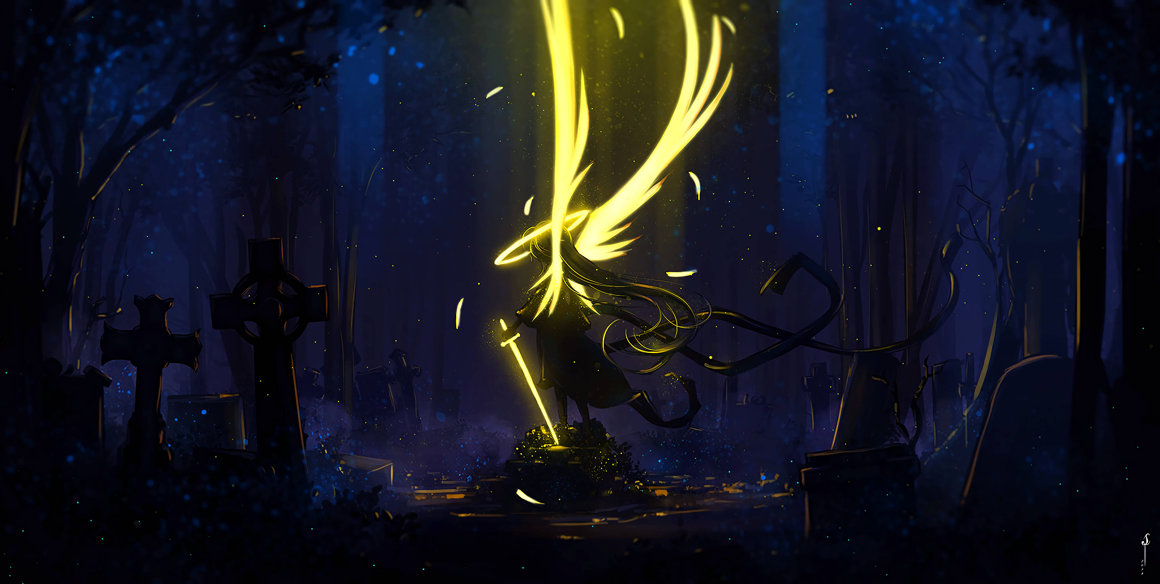 glowing yellow wings, dark forest graveyard, starry night sky, 4K Desktop Wallpaper