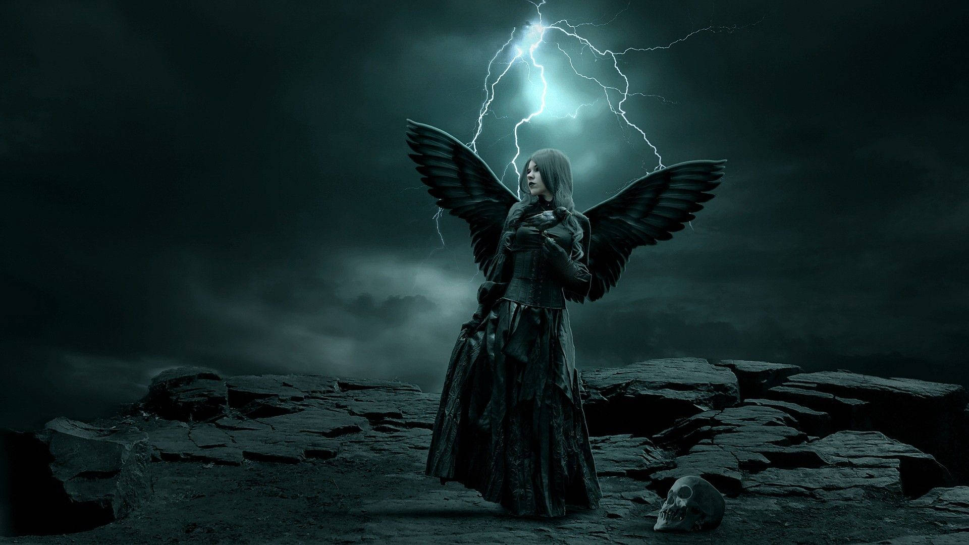 Dark Angel Lightning, dark-winged angel, rocky cliff, Full HD Desktop Wallpaper