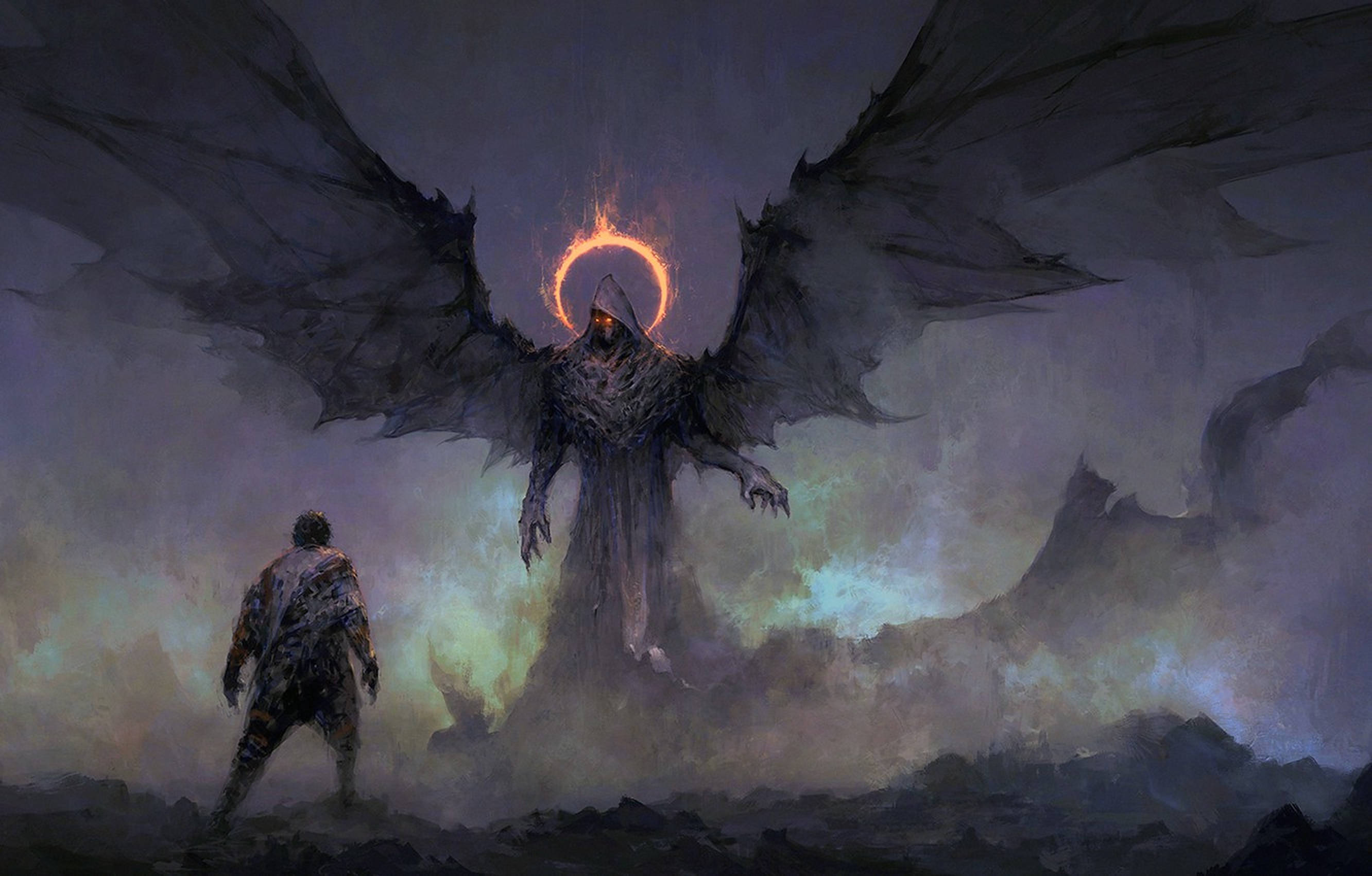 Dark Angel, winged demon, fiery halo, 2K Desktop Wallpaper