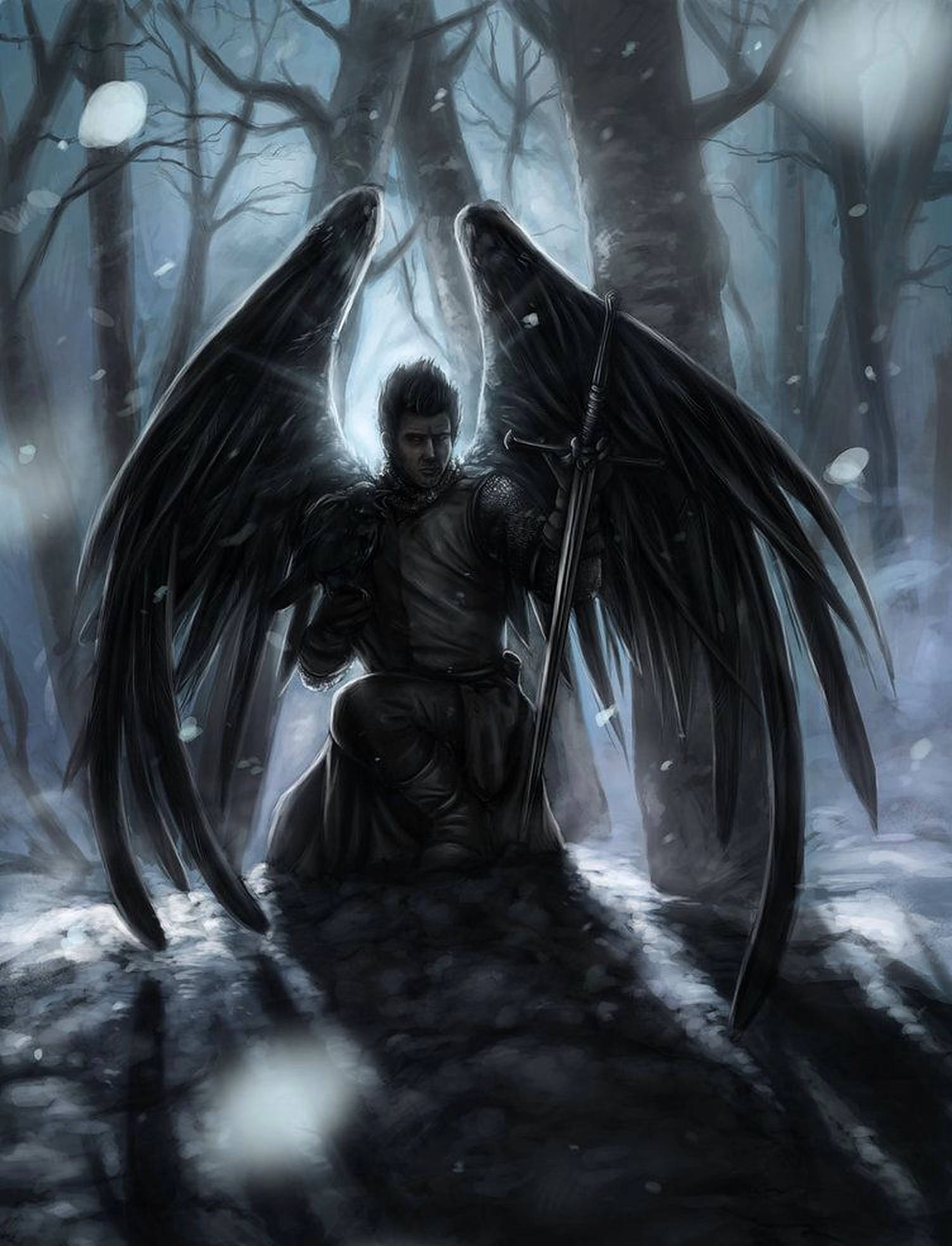 Dark Angel Warrior, dark-winged angel, snowy forest, Full HD Phone Wallpaper