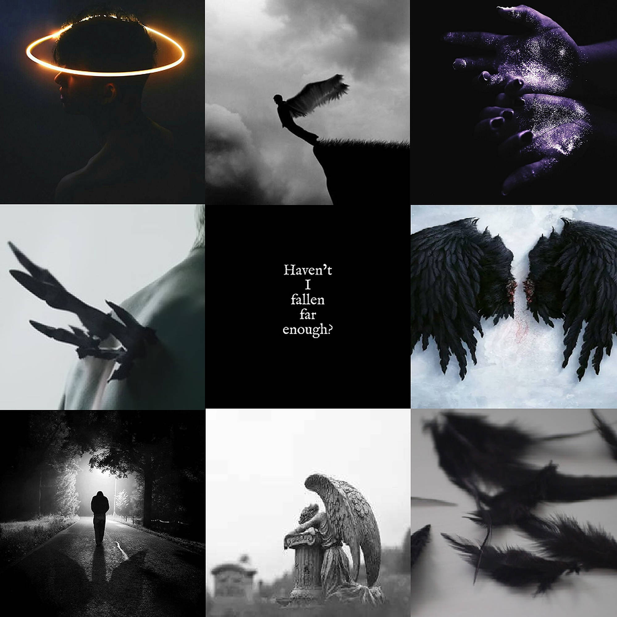 dark angel aesthetic collage, glowing halos, fallen wings, Full HD Desktop Wallpaper