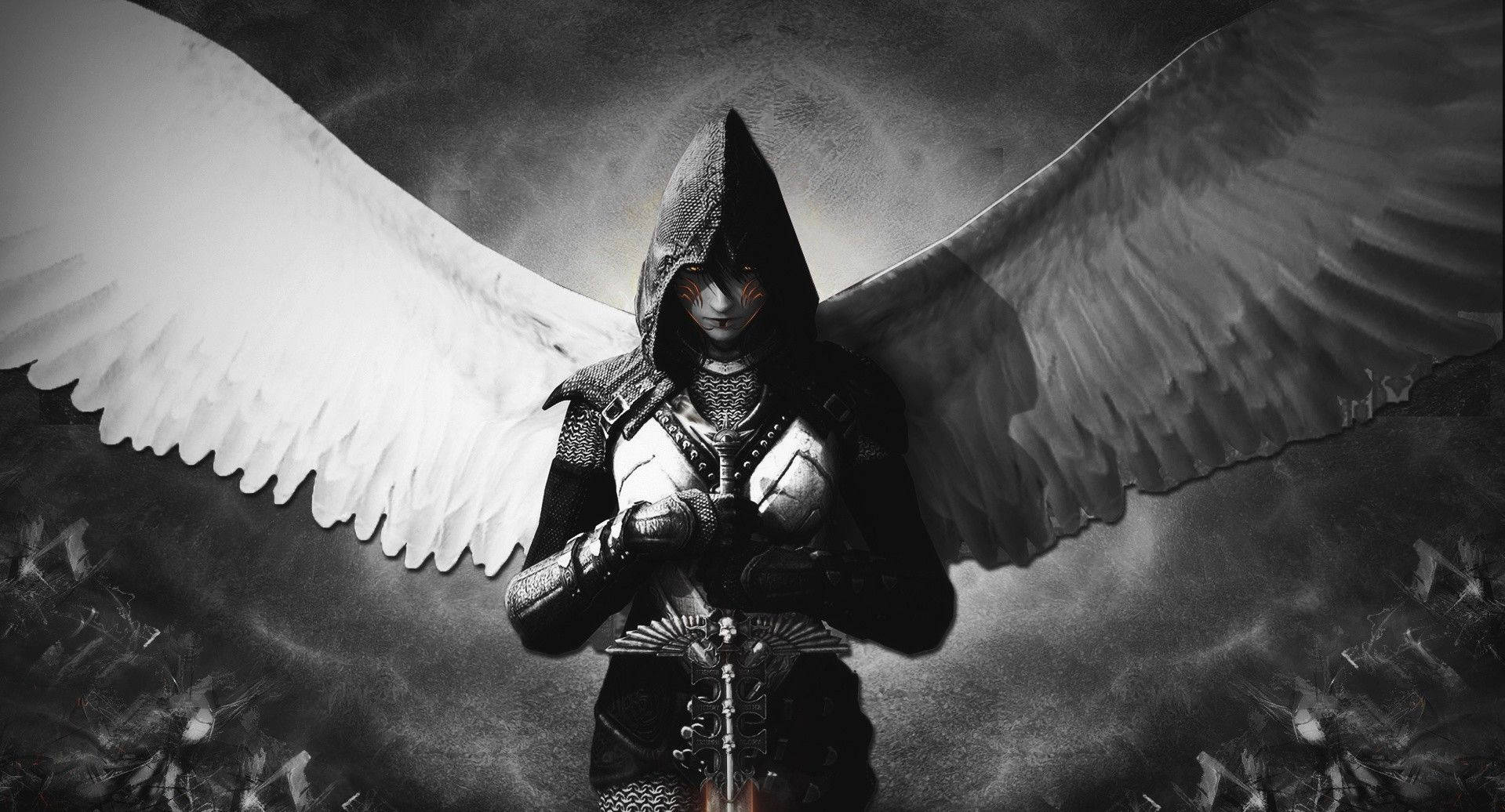Dark Angel, hooded warrior, massive white wings, HD Desktop Wallpaper