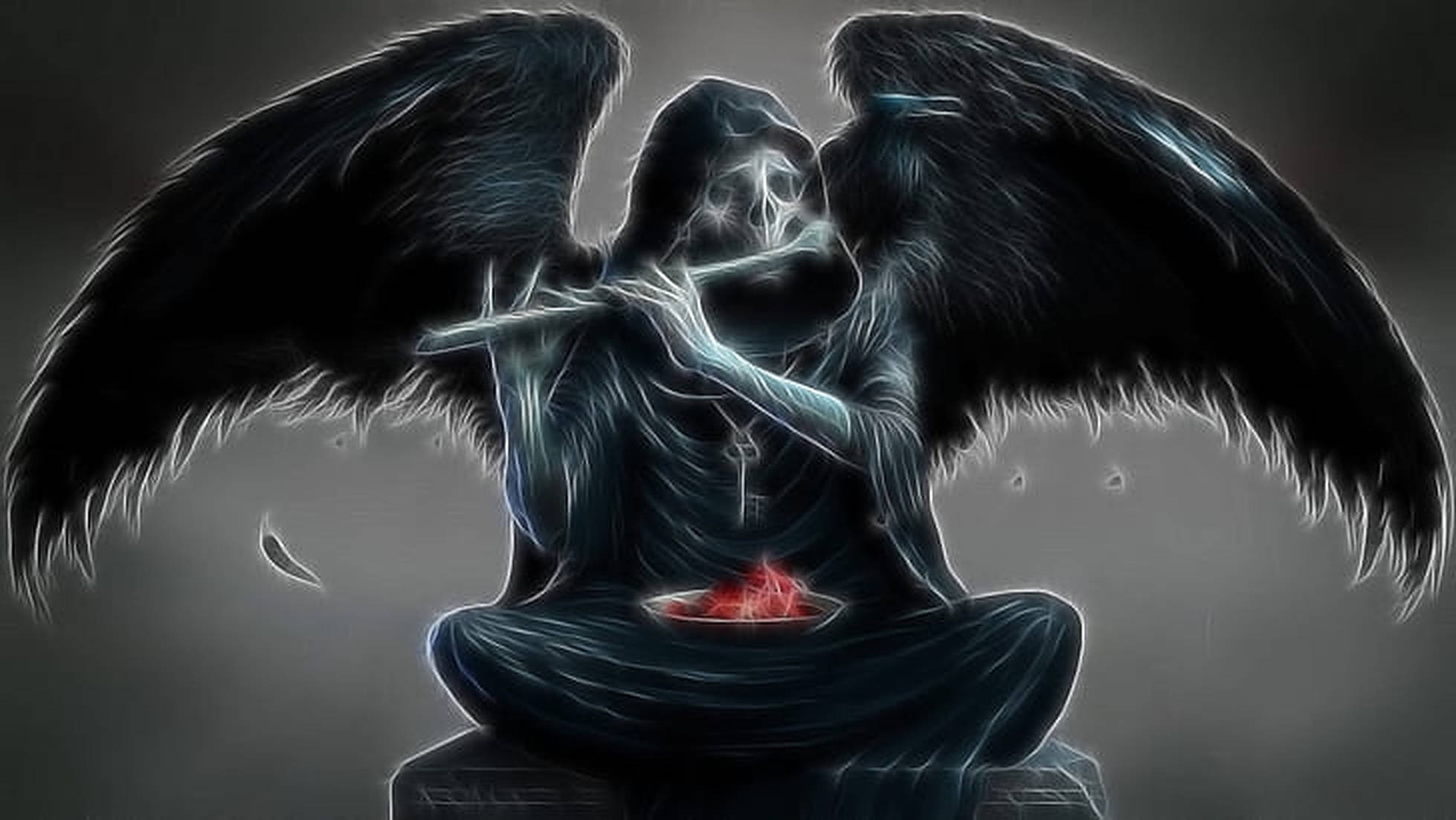 Dark Angel, flute, black wings, Full HD Desktop Wallpaper