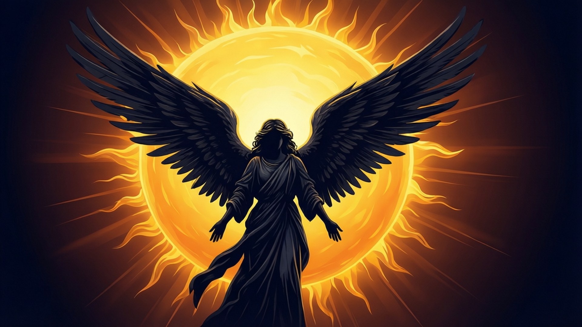 solar silhouette, dark-winged angel, flowing robes, Full HD Desktop Wallpaper
