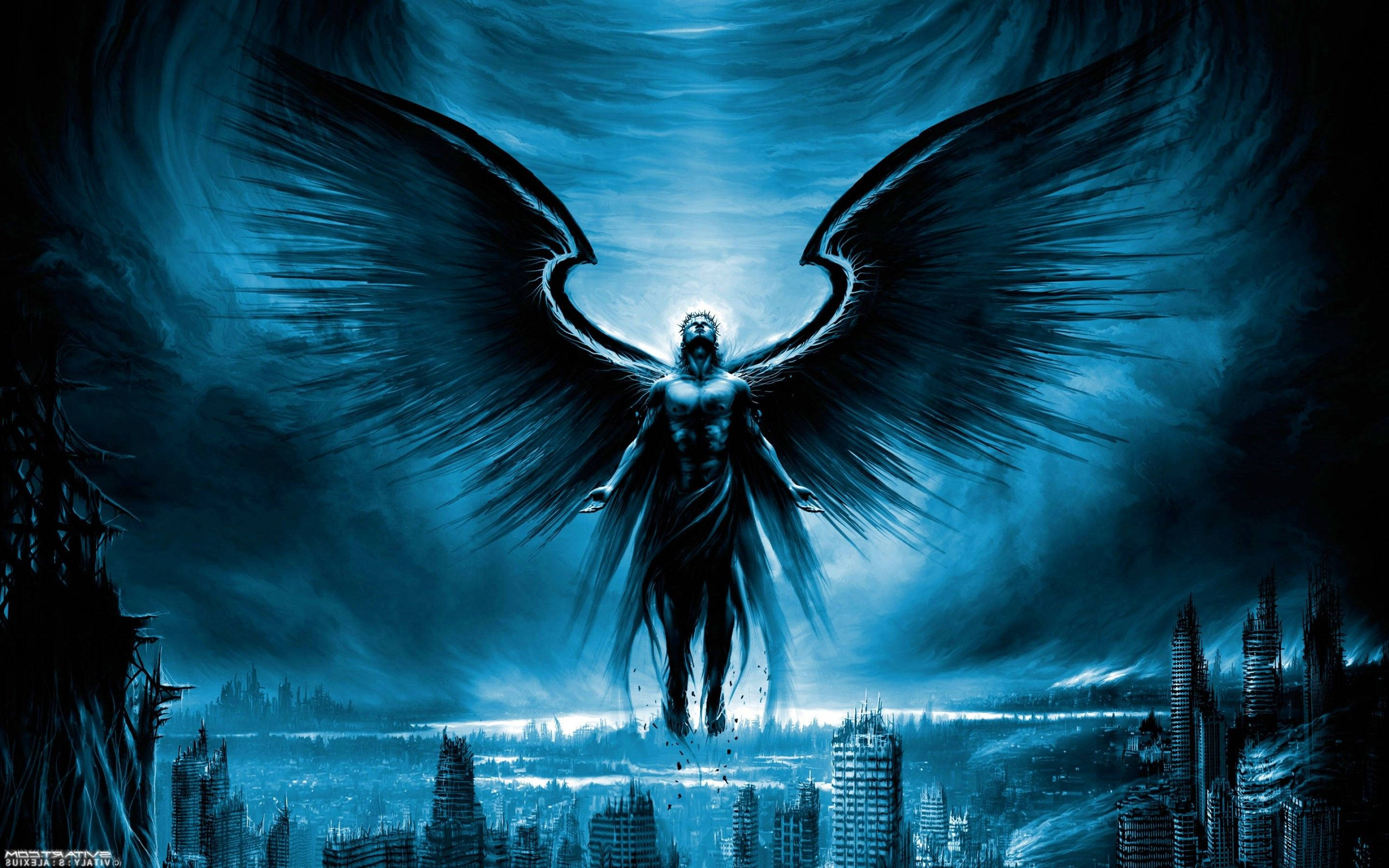 dark mystery angel, dark-winged angelic figure, ruined city, 2K Desktop Wallpaper