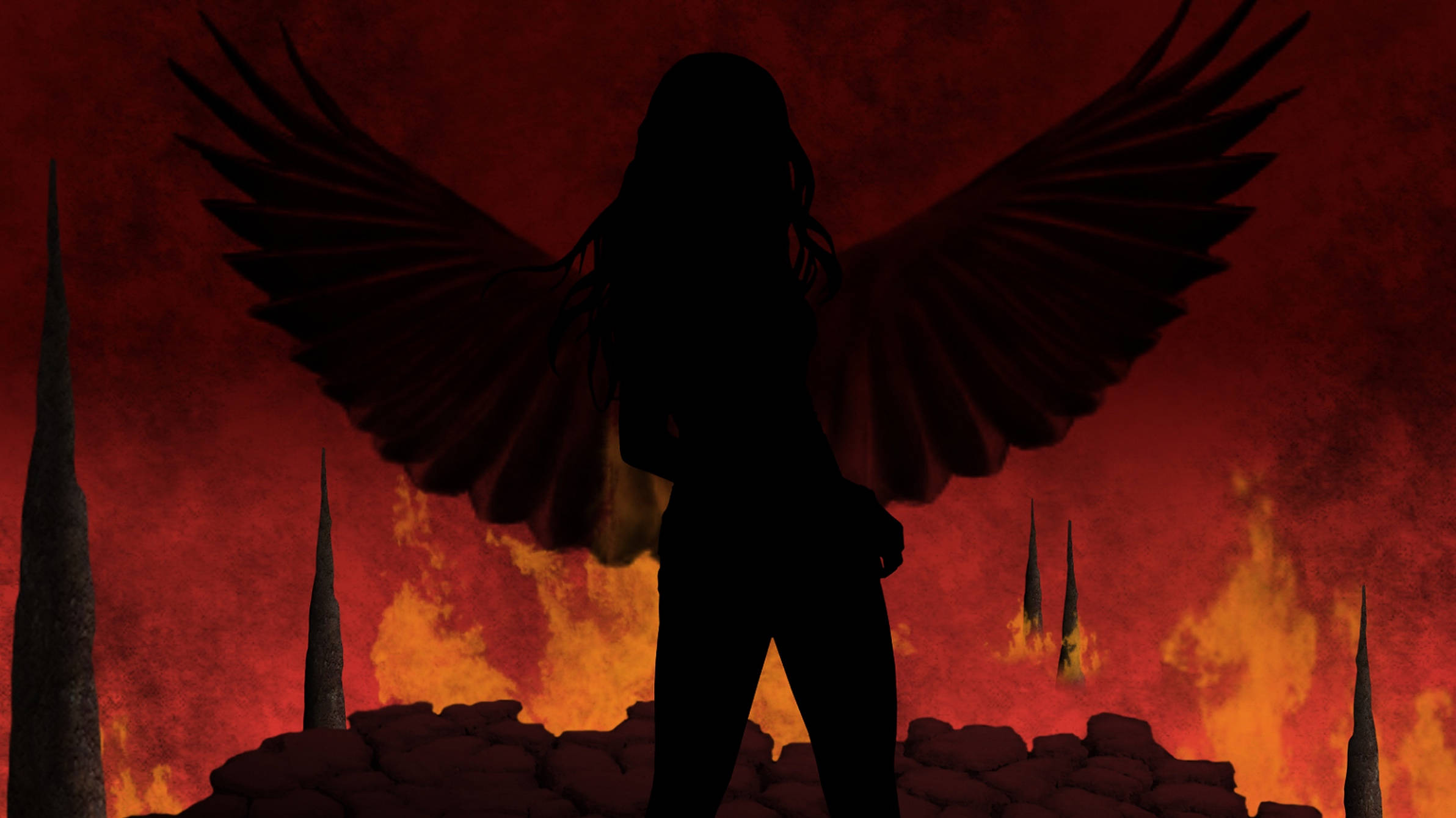 Dark Angel, hell, fiery red and orange apocalyptic sky, Full HD Desktop Wallpaper