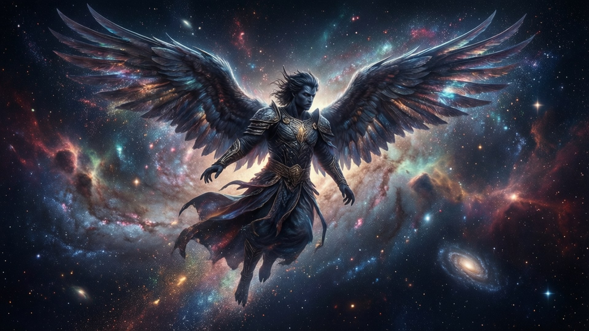 Cosmic Dark Angel, dark-winged armored angel, cosmic nebula, Full HD Desktop Wallpaper