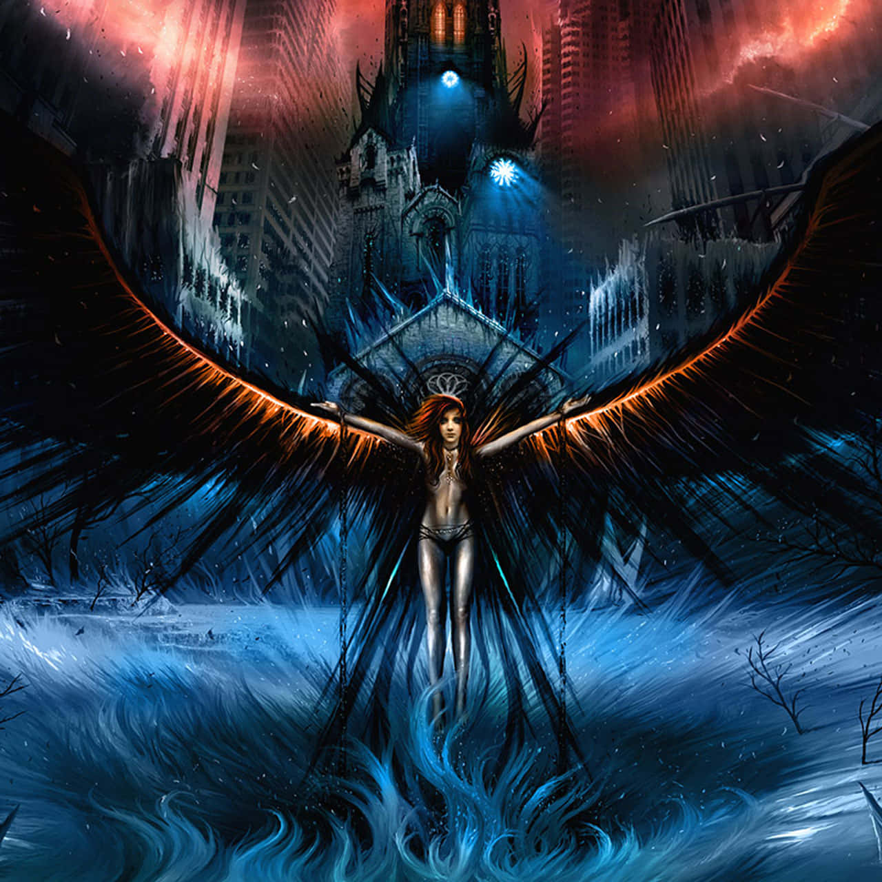 Dark Angel, winged angelic figure, turbulent blue flames, HD Desktop Wallpaper