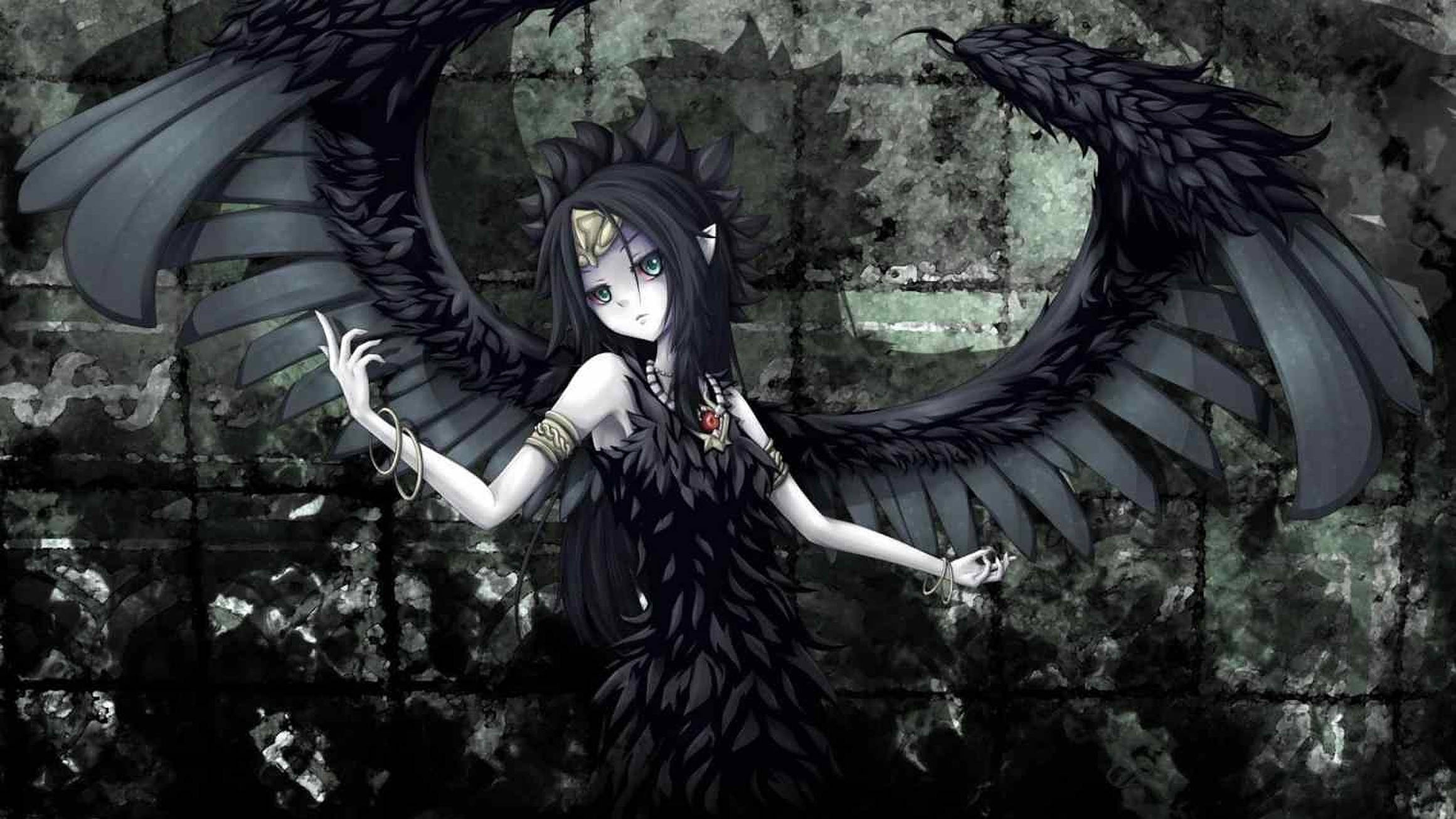 dark angel, anime girl, black feathered wings, Full HD Desktop Wallpaper