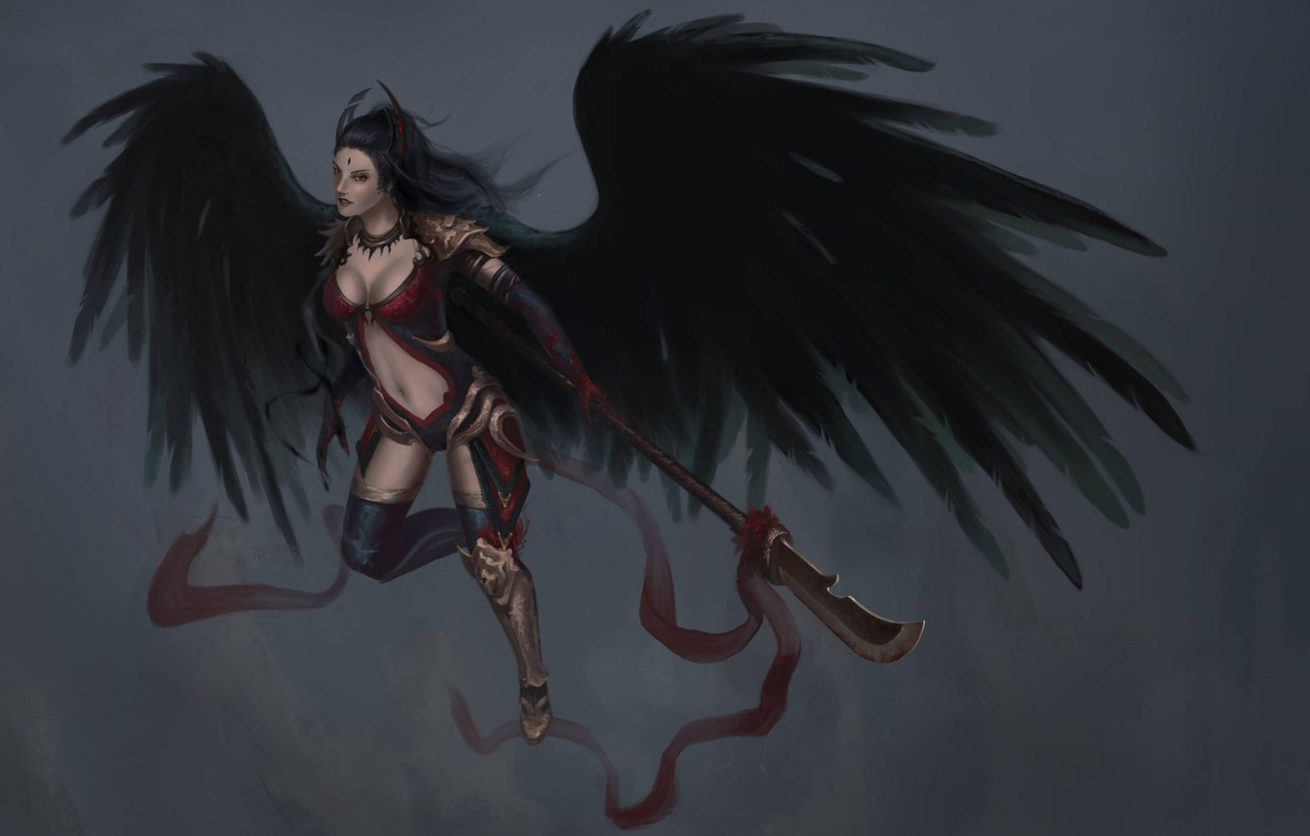 Dark Angel, black feathers, red armor, 2K Desktop Wallpaper