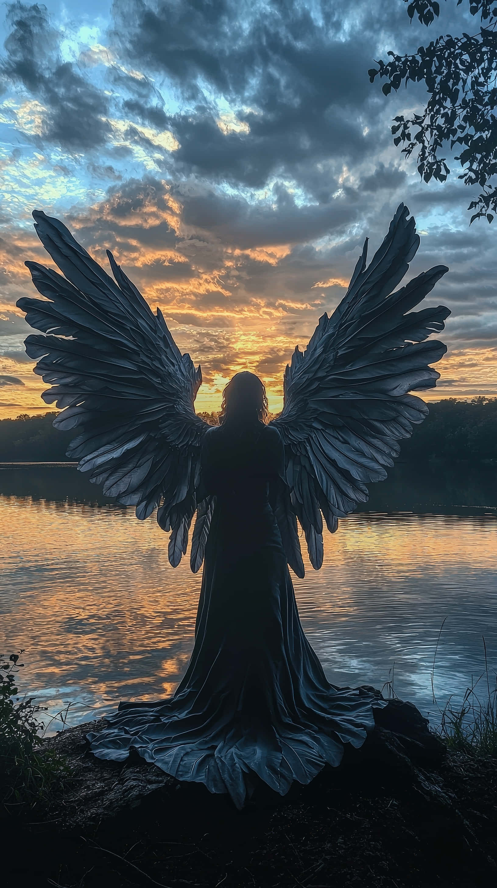 dark-winged angel, lake, sunset, 2K Phone Wallpaper
