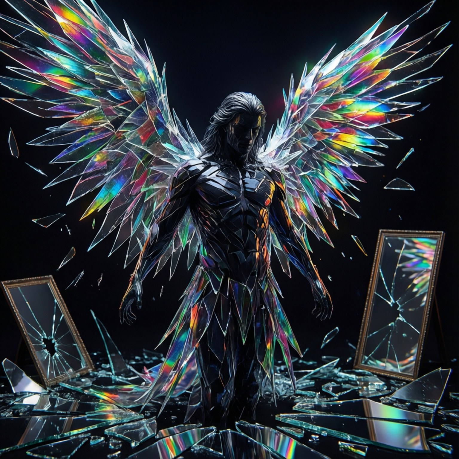 dark angel, iridescent glass wings, shattered mirrors, HD Desktop Wallpaper