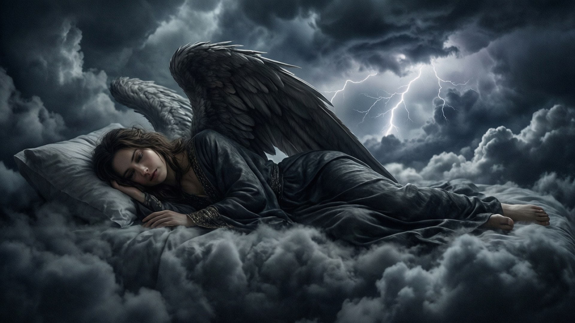 Cloud Reclining, dark-winged angel, cloud bed, Full HD Desktop Wallpaper