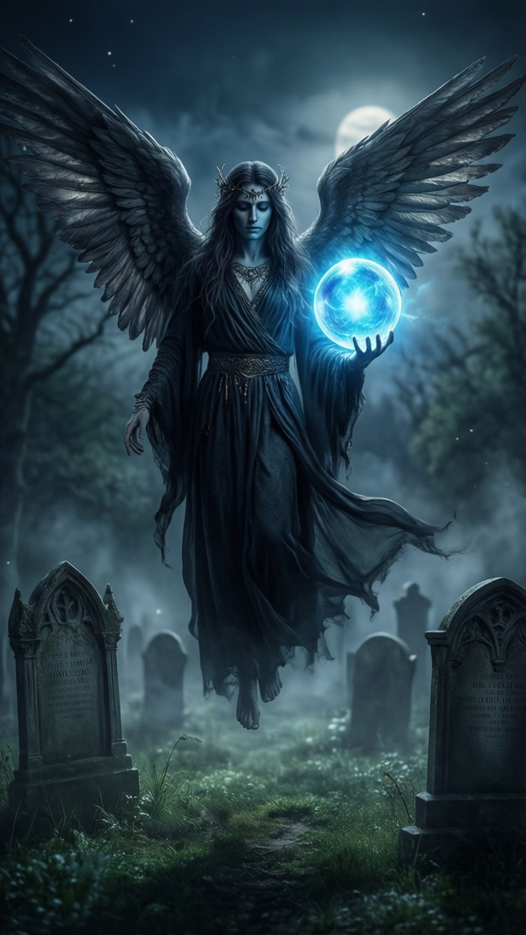 angel of the graveyard, dark-winged angel, misty graveyard, Full HD Phone Wallpaper