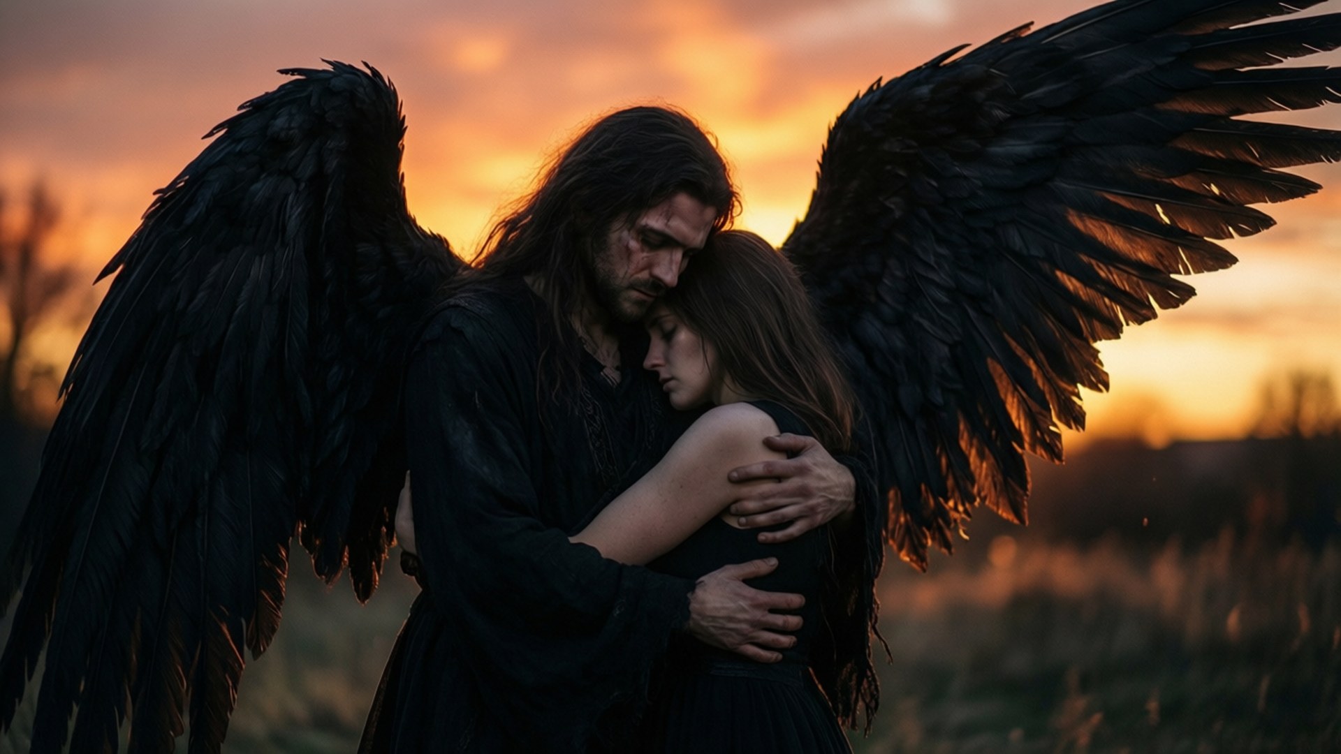 Dark angel, massive black wings, fiery sunset sky, Full HD Desktop Wallpaper