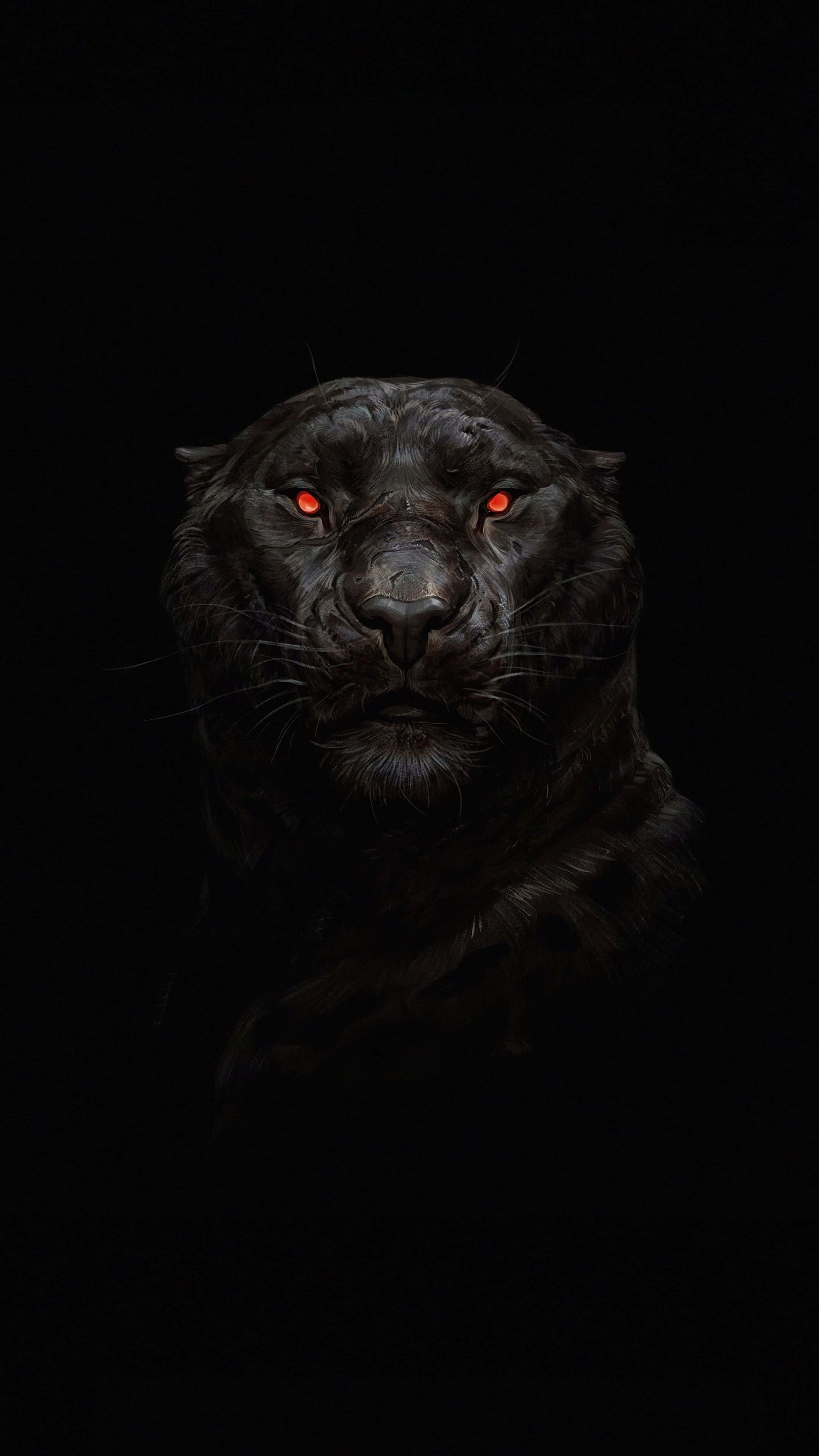 black panther, glowing red eyes, pitch-black background, 4K Phone Wallpaper