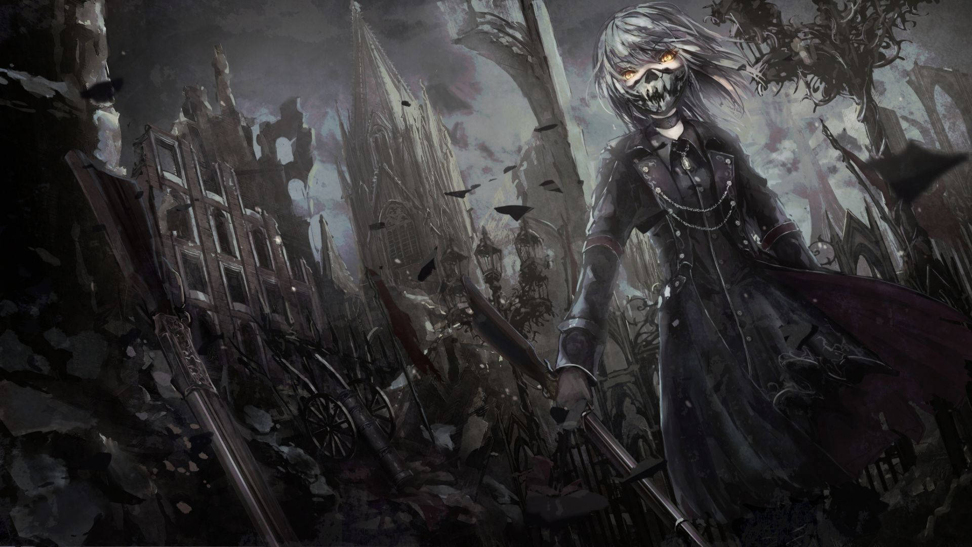 masked figure, glowing eyes, ruins of a gothic city, Full HD Desktop Wallpaper