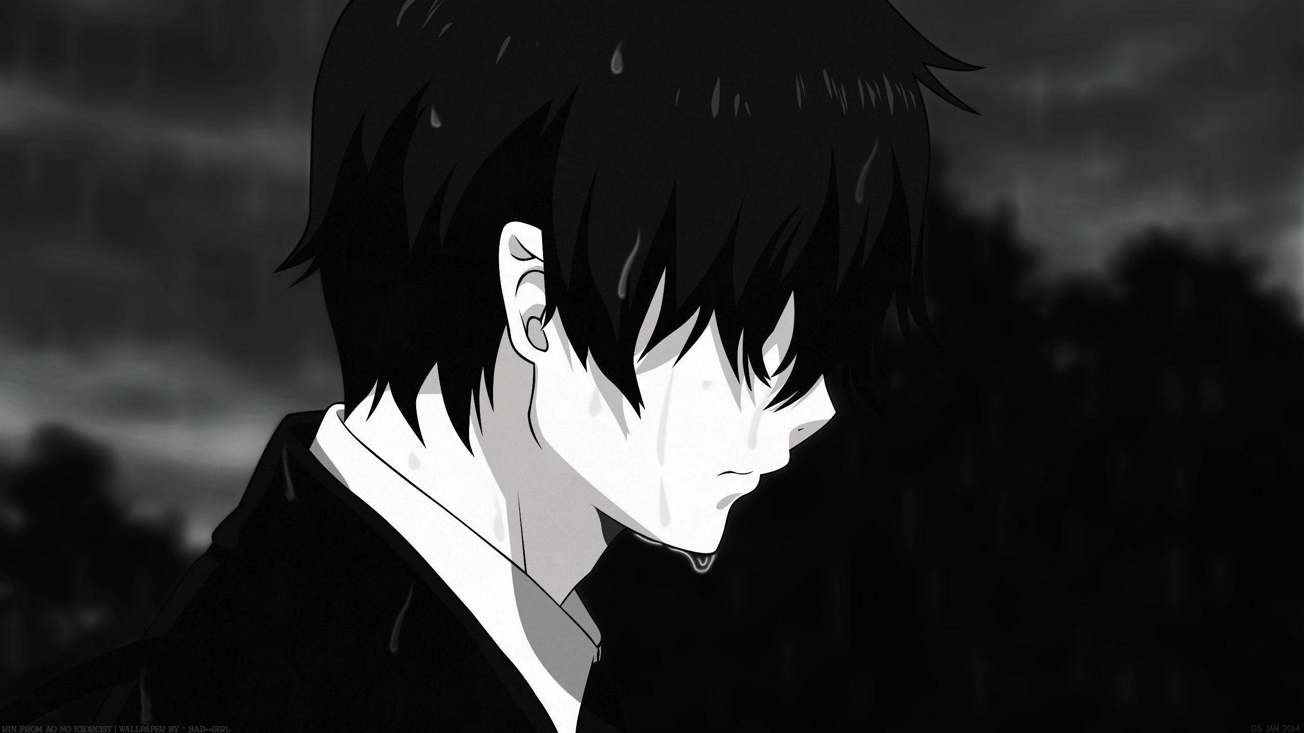 Sad Boy, dark anime aesthetic, grayscale rain, 2K Desktop Wallpaper