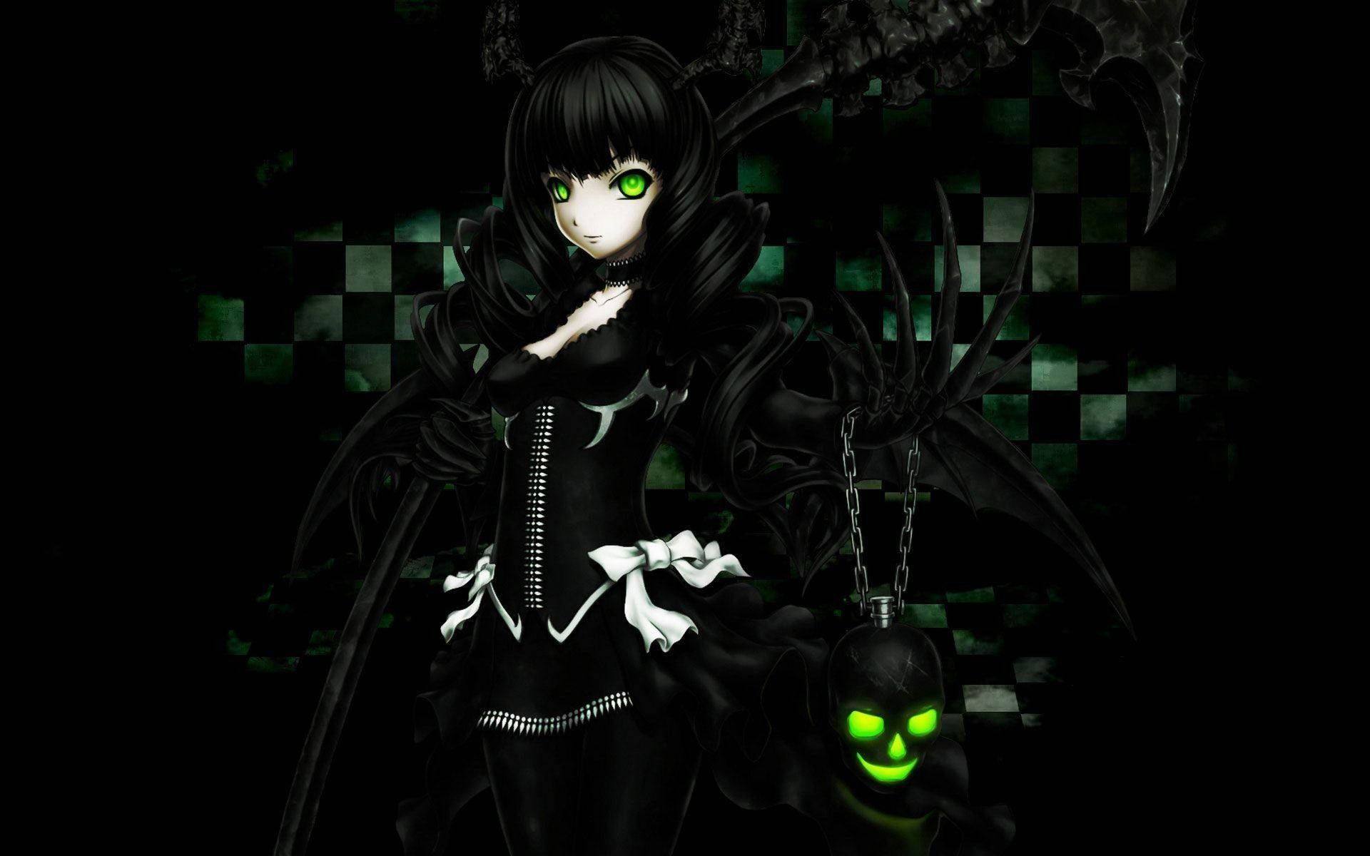 dark anime girl, glowing green eyes, black wings, Full HD Desktop Wallpaper