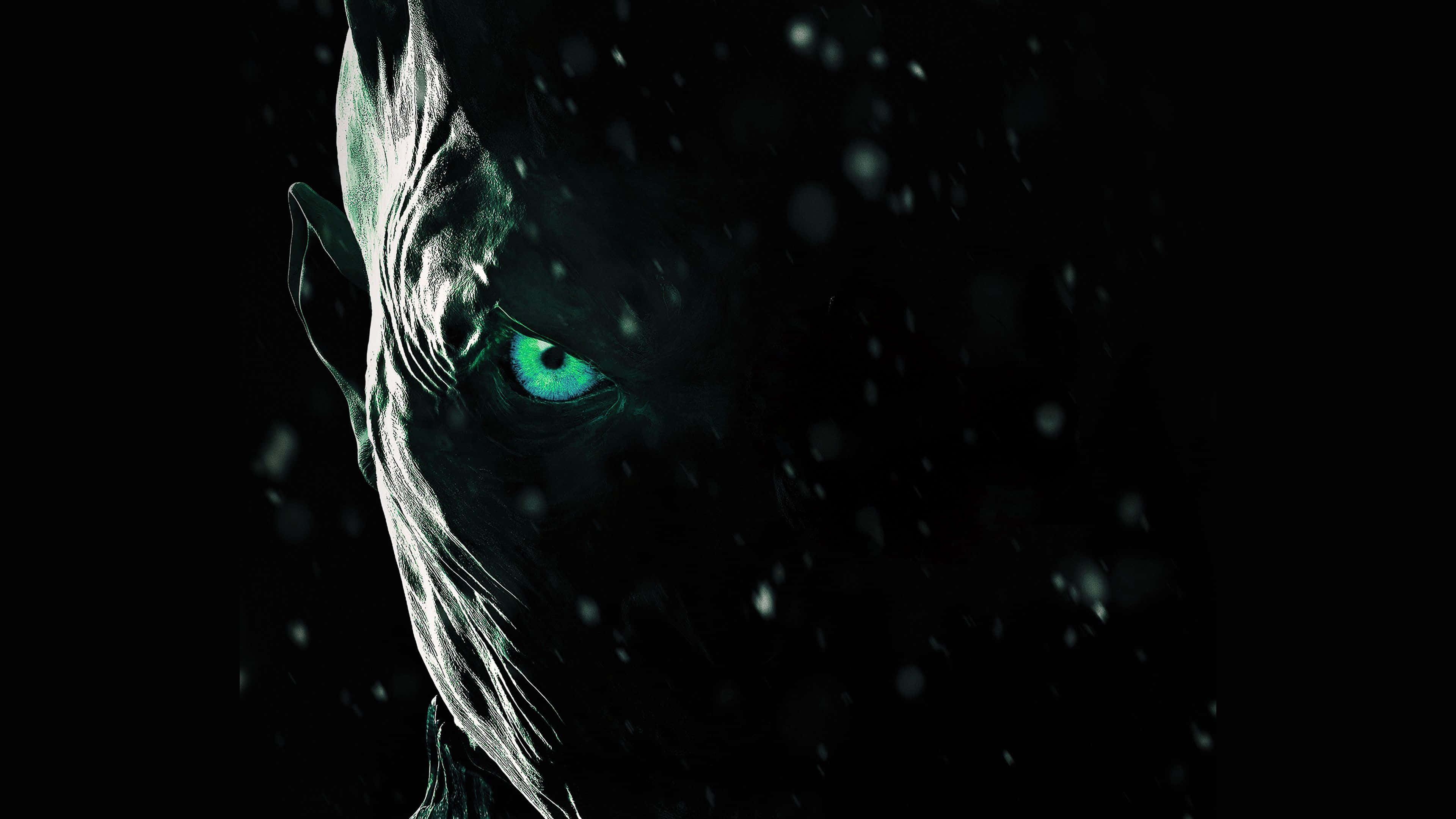 dark anime walker art, pale alien face, glowing green eyes, 4K Desktop Wallpaper