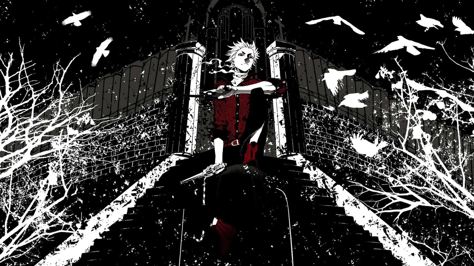 spiky-haired anime character, red coat, stone steps, Full HD Desktop Wallpaper