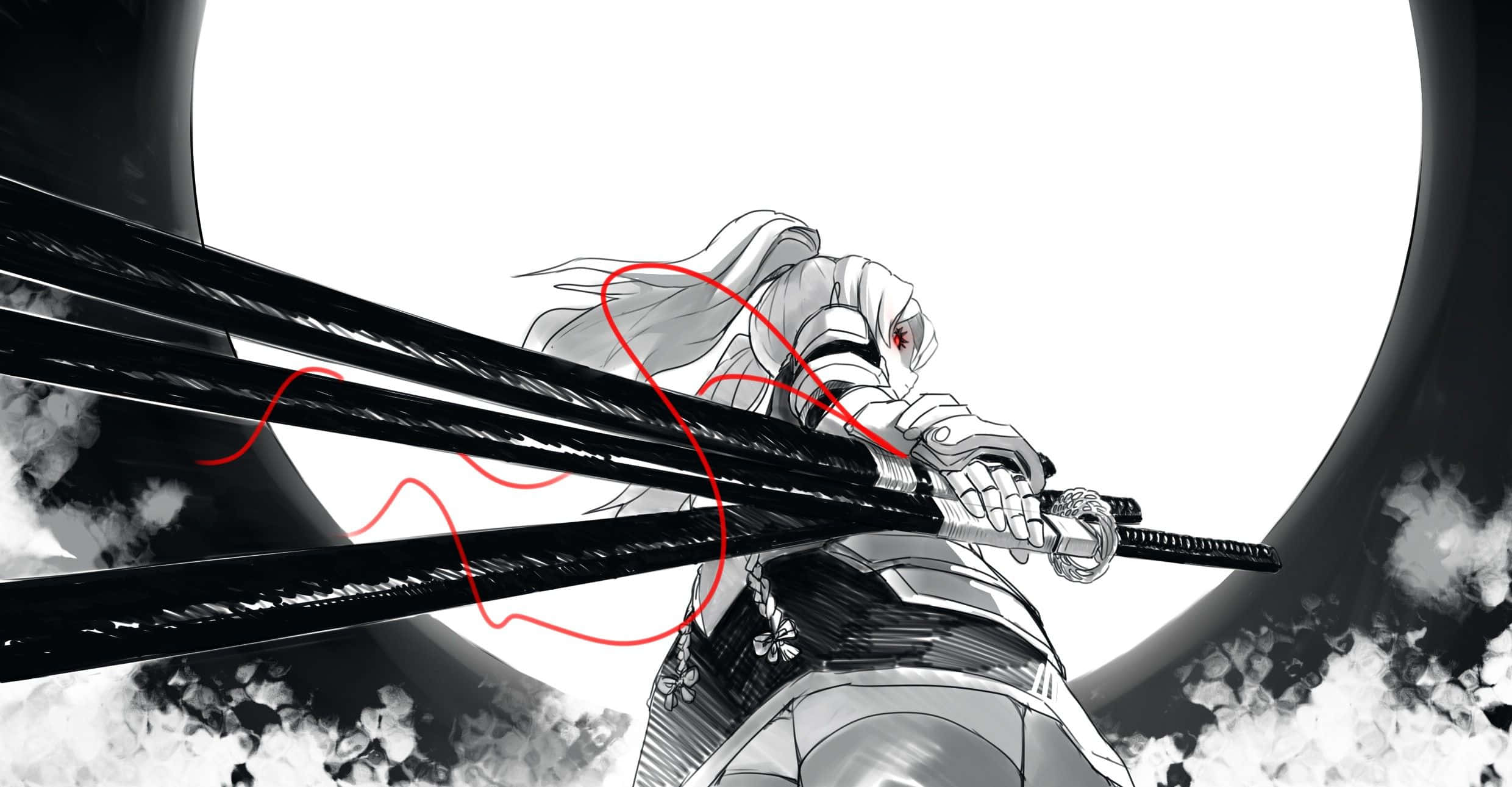 monochrome anime samurai, red eyes, katana, Full HD Desktop Wallpaper
