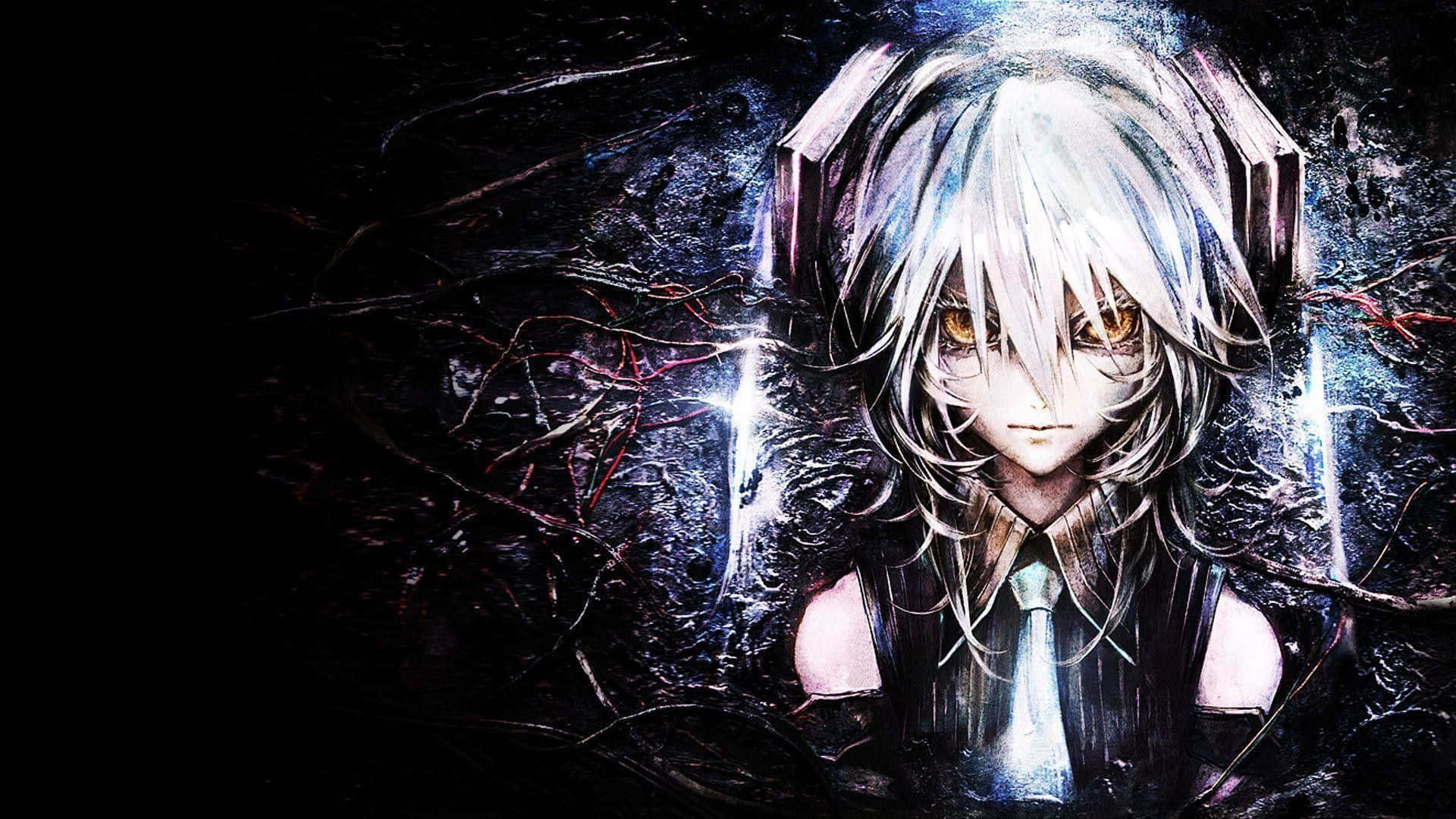 dark anime art, silver hair, glowing amber eyes, Full HD Desktop Wallpaper