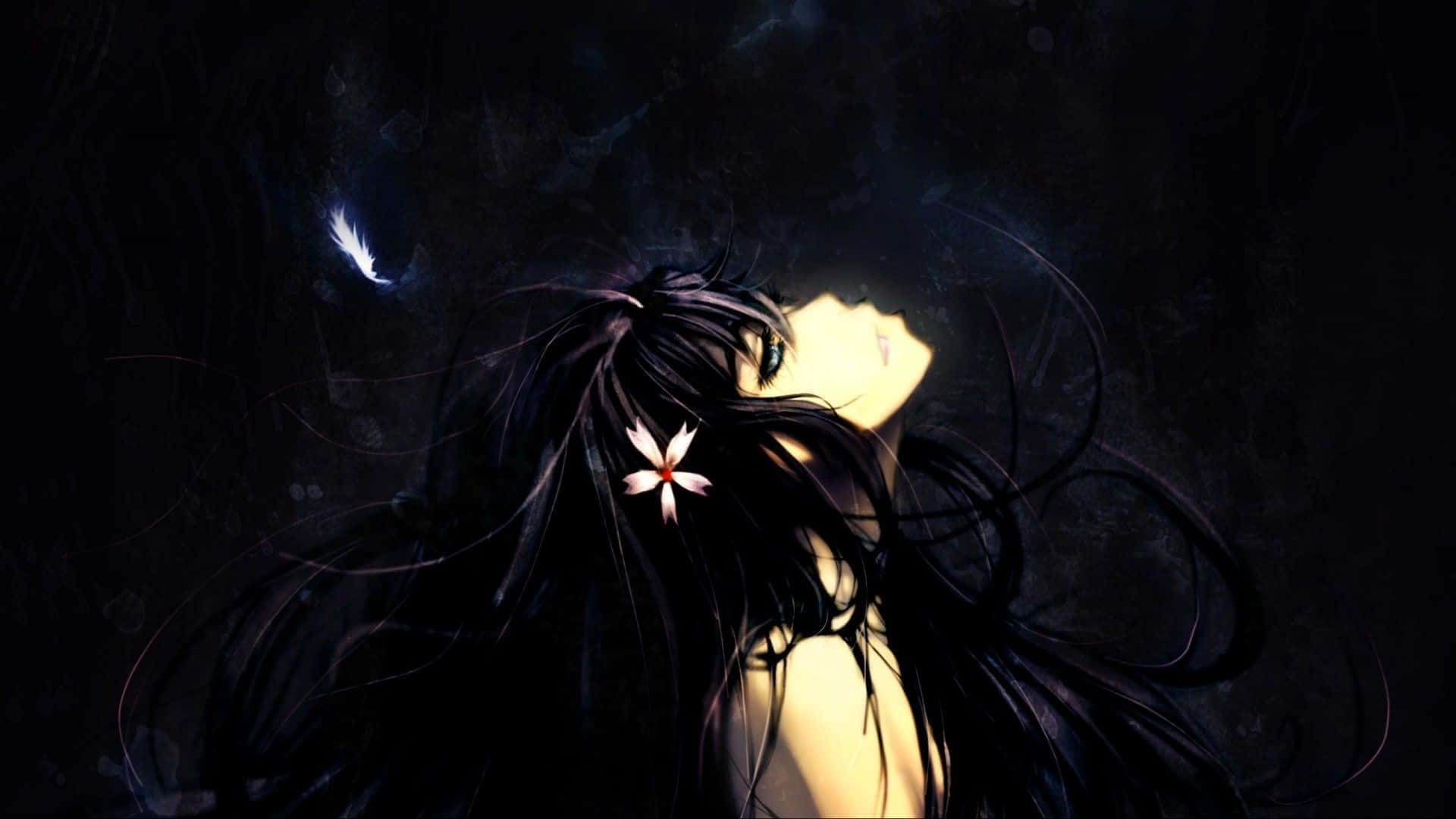 dark-haired anime girl, white flower, shadowy, Full HD Desktop Wallpaper