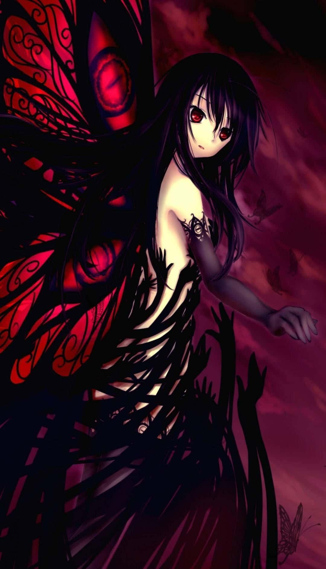 dark-haired anime girl, red eyes, ornate red wings, HD Phone Wallpaper