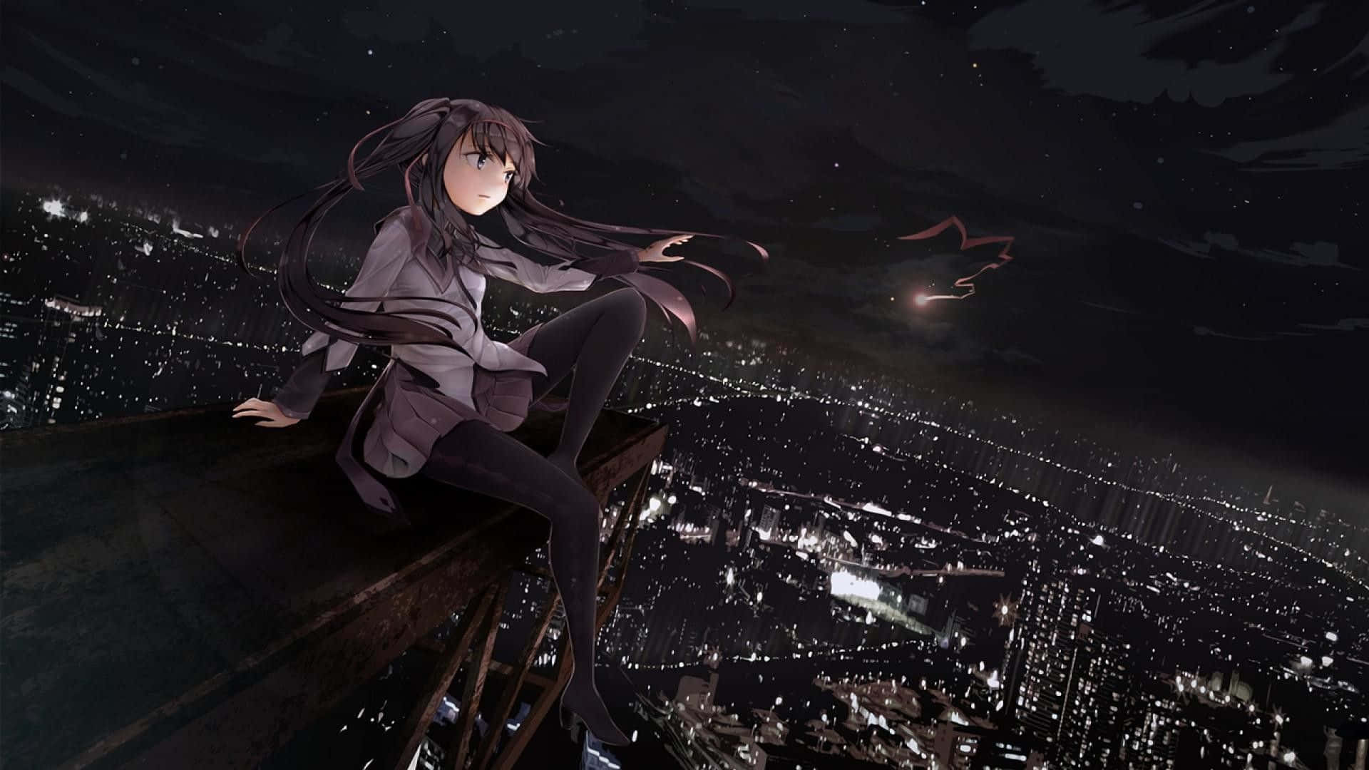 anime girl, long dark hair, rooftop, Full HD Desktop Wallpaper