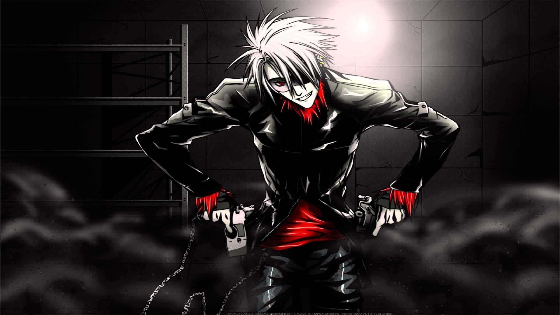 dark anime boy, white-haired anime character, black and red gear, Full HD Desktop Wallpaper