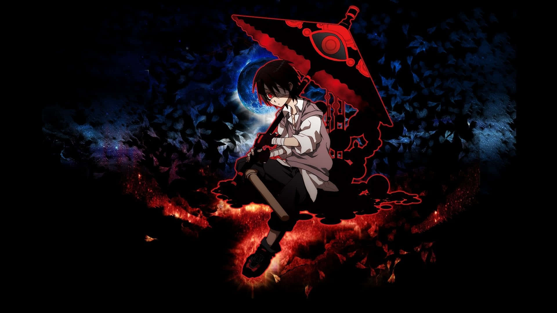 dark anime boy, red eyes, glowing red sword, Full HD Desktop Wallpaper