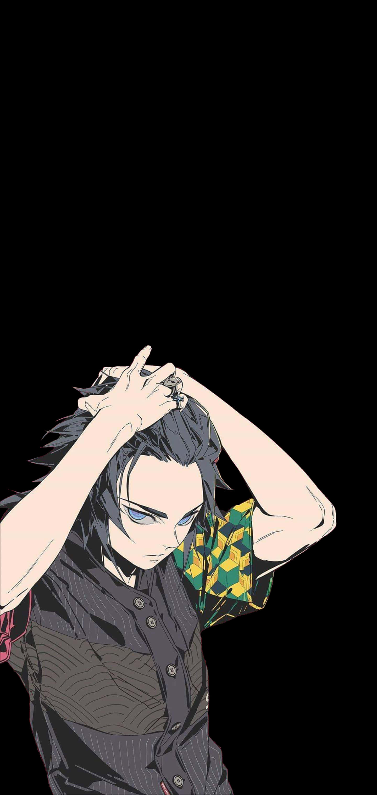 dark-haired anime boy, blue eyes, stark black background, 2K Phone Wallpaper