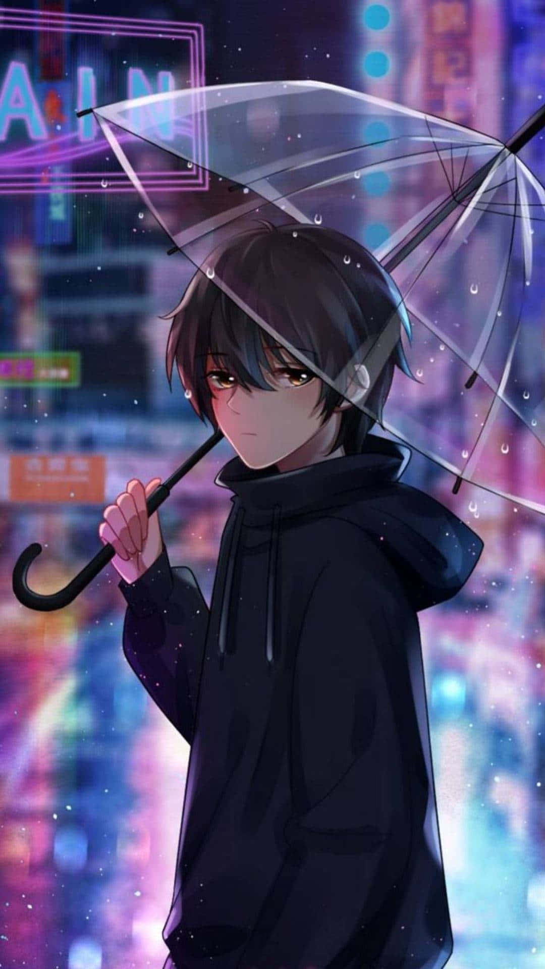 dark anime boy, black hoodie, transparent umbrella, Full HD Phone Wallpaper