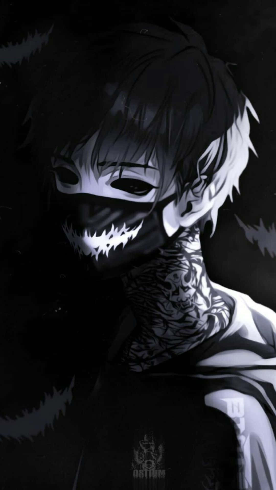 dark anime boy, jagged toothed mask, intricate neck tattoos, Full HD Phone Wallpaper