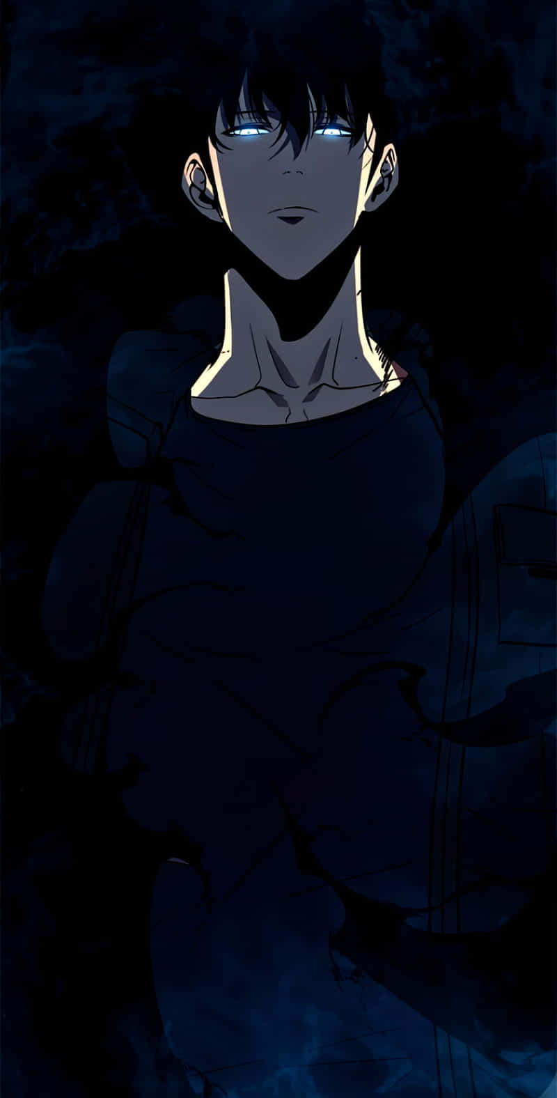 dark anime boy, glowing blue eyes, shadowy blue environment, HD Phone Wallpaper