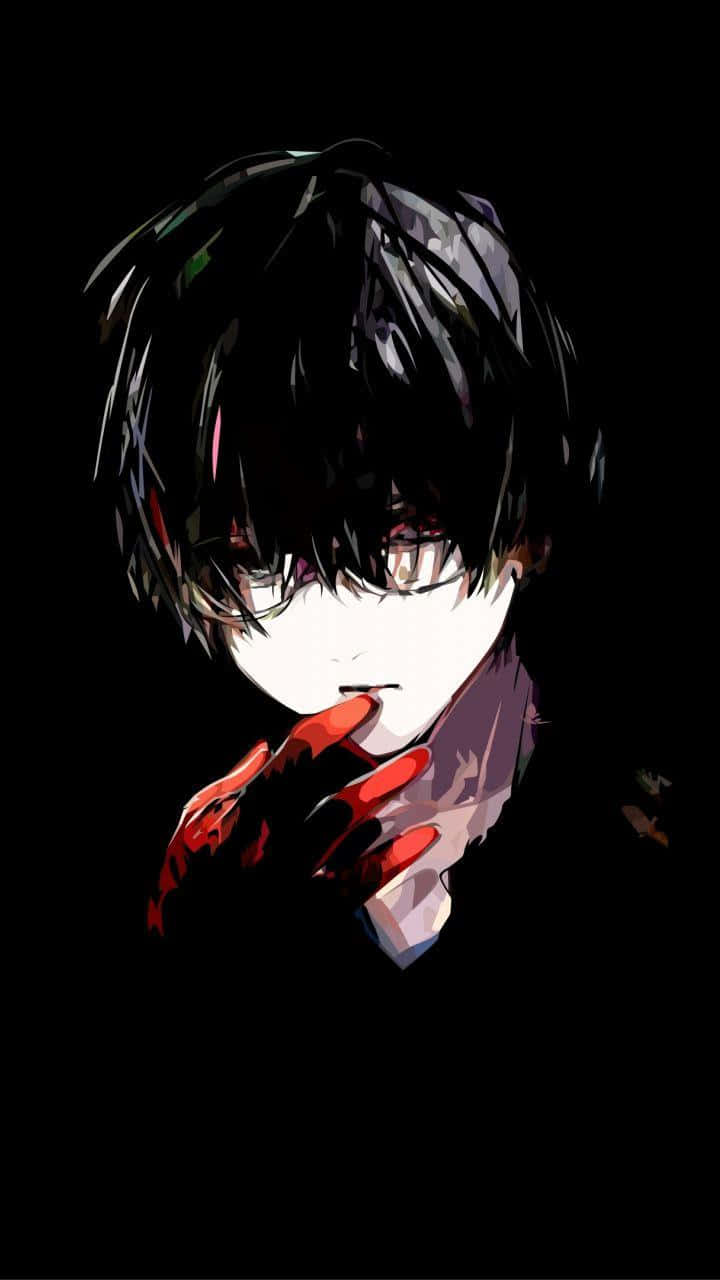 dark anime boy, black hair, red-gloved hand, HD Phone Wallpaper