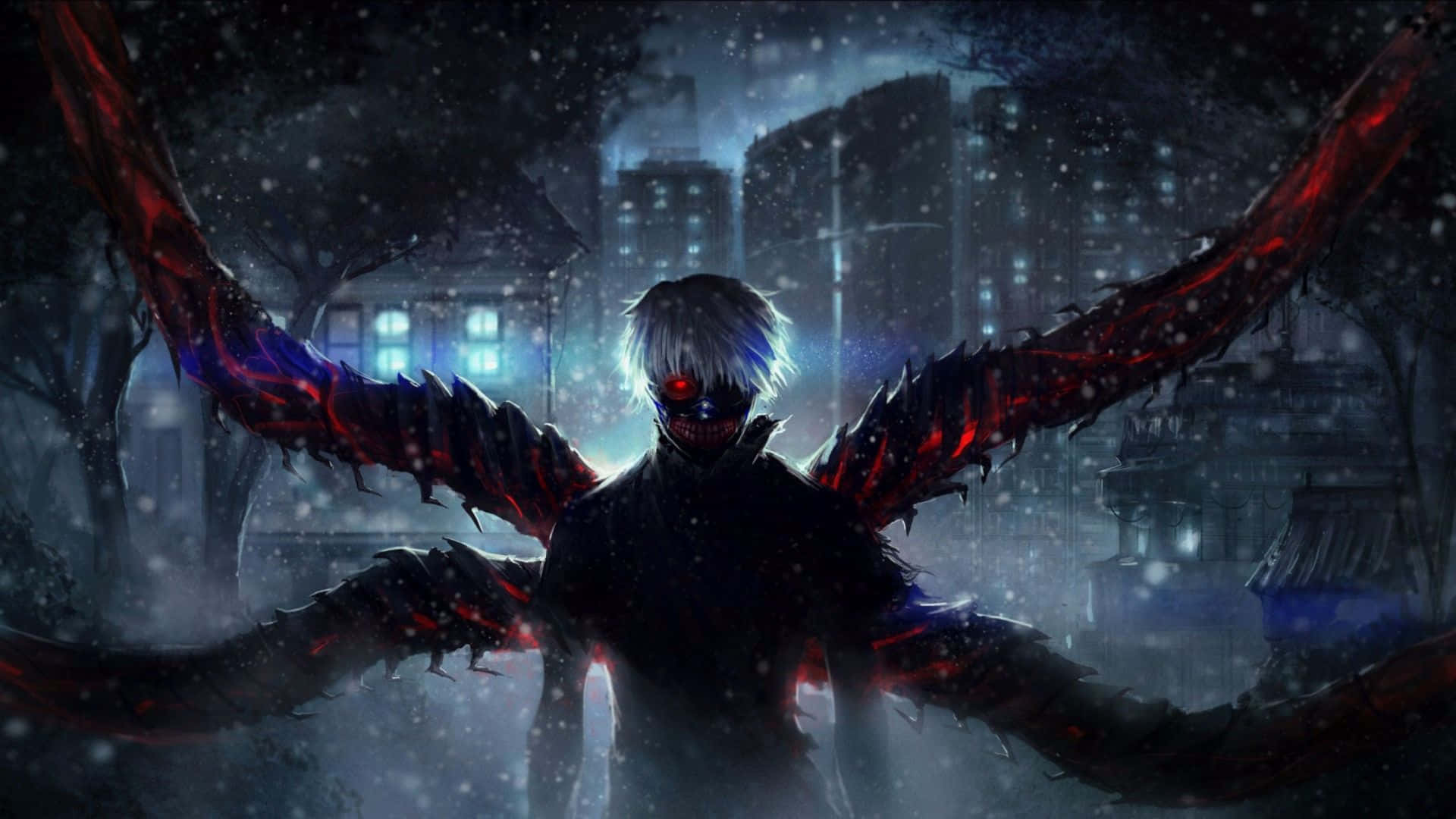dark anime boy, glowing red eyes, jagged red wings, Full HD Desktop Wallpaper