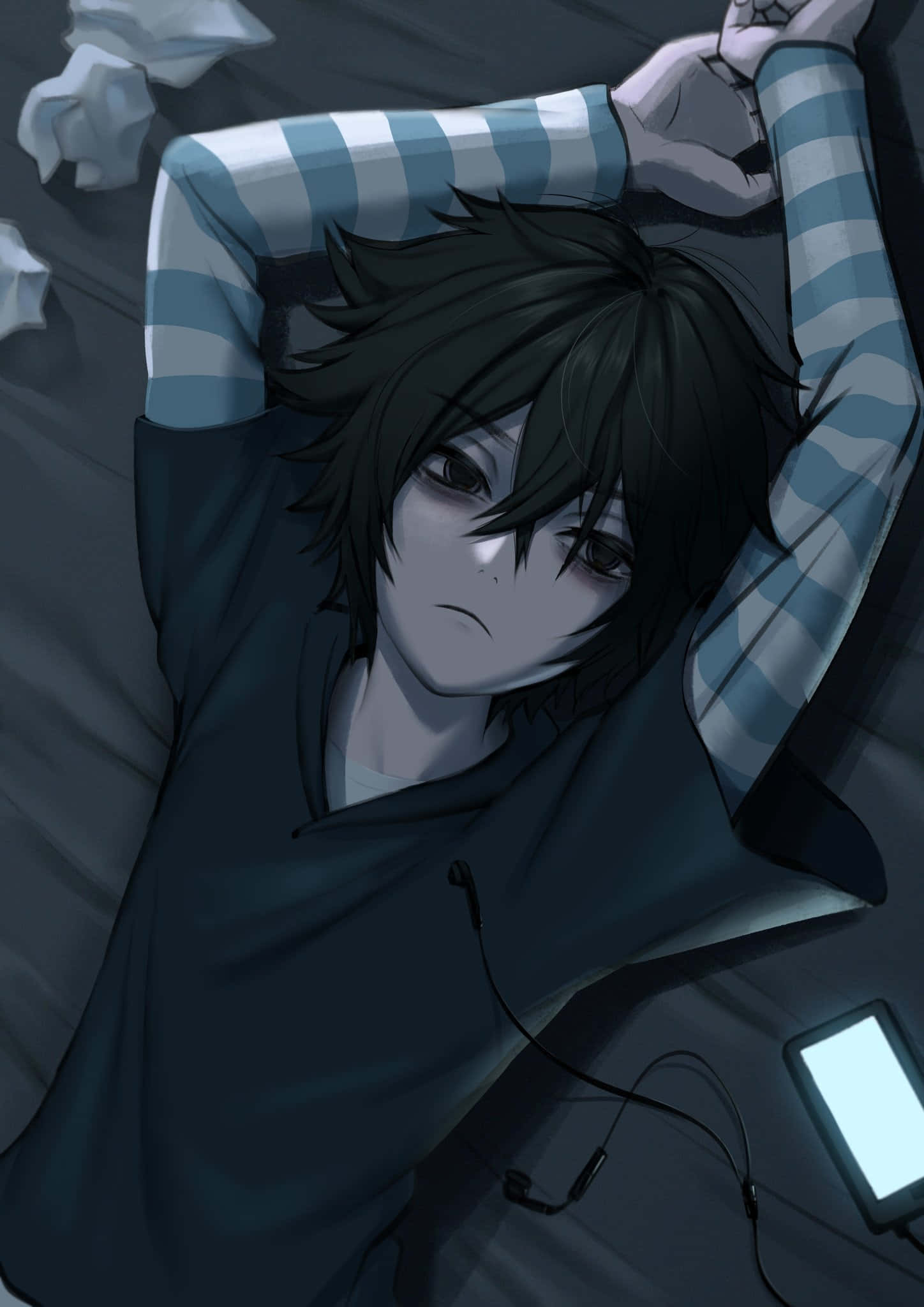 anime boy, melancholic, dim light, Full HD Phone Wallpaper