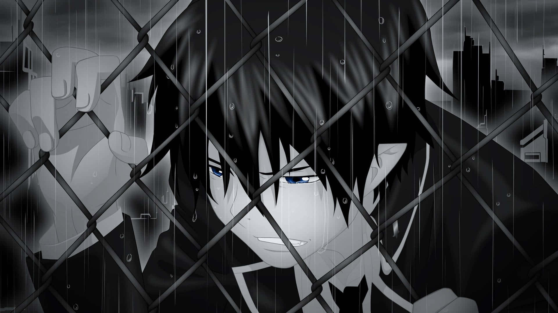 Dark Anime Boy, blue eyes, rain-slicked chain-link fence, Full HD Desktop Wallpaper