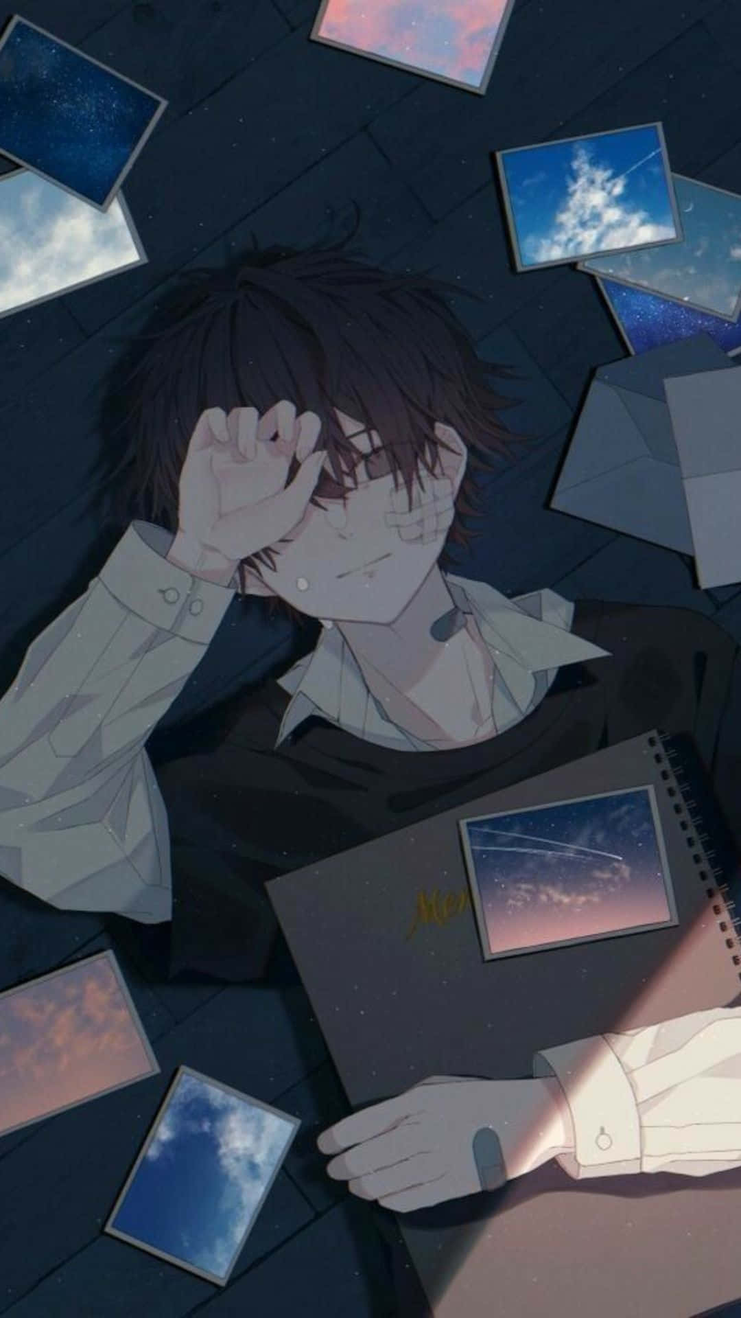 boy, dark floor, scattered photos of skies and stars, Full HD Phone Wallpaper